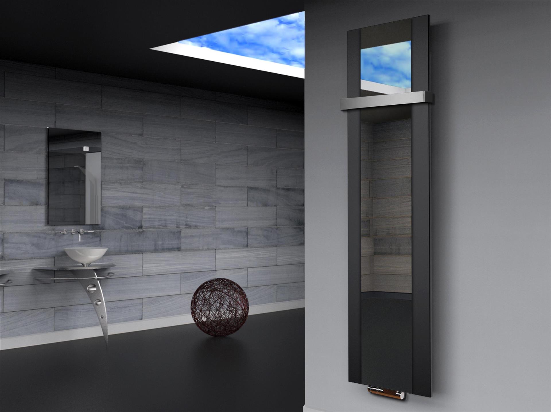 BADHEIZKÖRPER mit Spiegel Design Singapur 3 180x47cm 1118 Watt schwarz  (+1 Halter 50mm) SZAGATO Designheizkörper mit Mittelanschluss Handtuchwärmer
