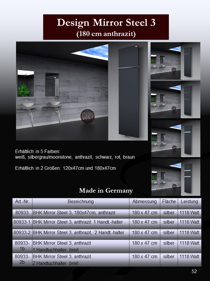 BADHEIZKÖRPER Design Mirror Steel 3 180x47cm 1118 Watt anthrazit (+2 Halter 50mm) SZAGATO Designheizkörper Handtuchheizkörper mit Mittelanschluss