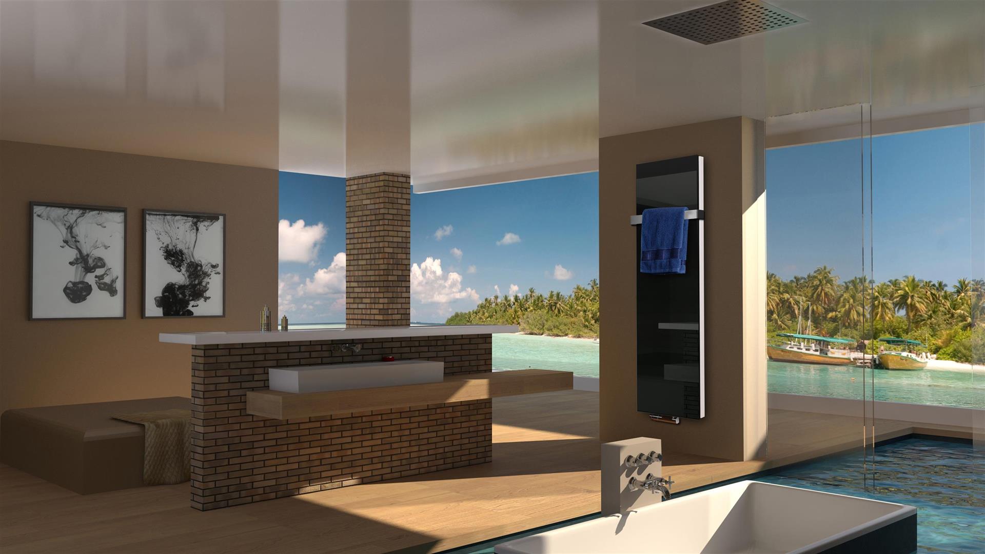 BADHEIZKÖRPER Glas Montevideo 6 Glasfront 180x47cm 1964 Watt schwarz +1 Halter 50mm SZAGATO Designheizkörper Handtuchheizkörper mit Mittelanschluss