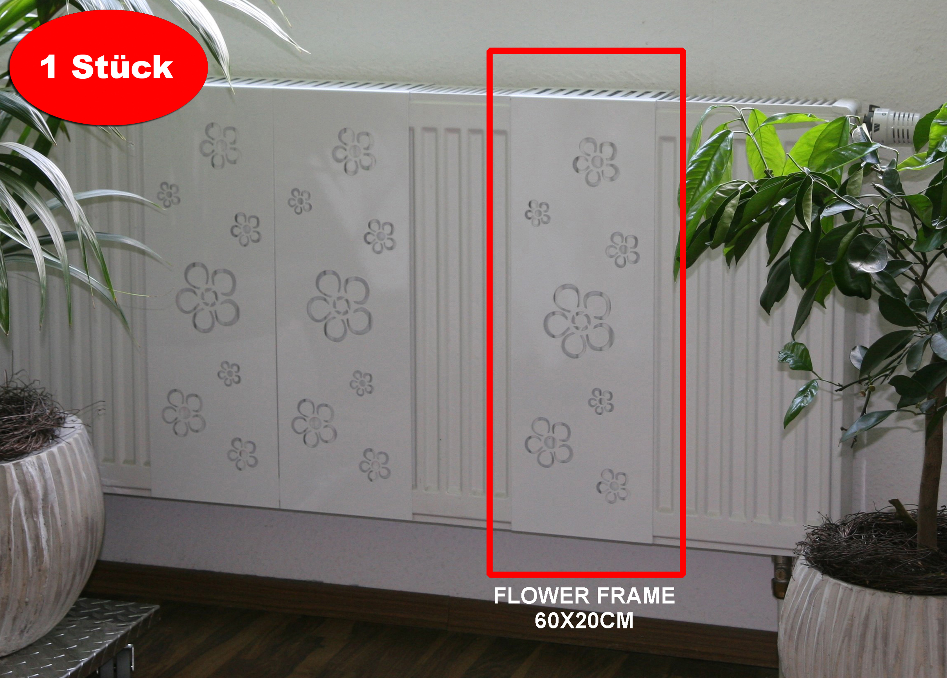 Heizkörperverkleidung 60 x 20cm Flower Frame weiß (1 Stück) SZAGATO Heizungsverkleidung Verkleidung Heizkörper Abdeckung Heizkörper Heizungsabdeckung