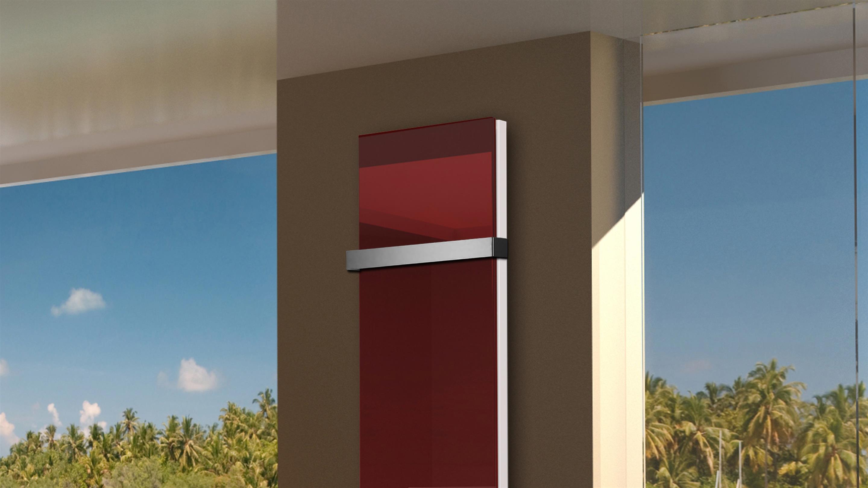 BADHEIZKÖRPER Glas Montevideo 6 Glasfront 180x47cm 1964 Watt rot + 1 Halter 50mm SZAGATO Designheizkörper Handtuchheizkörper mit Mittelanschluss