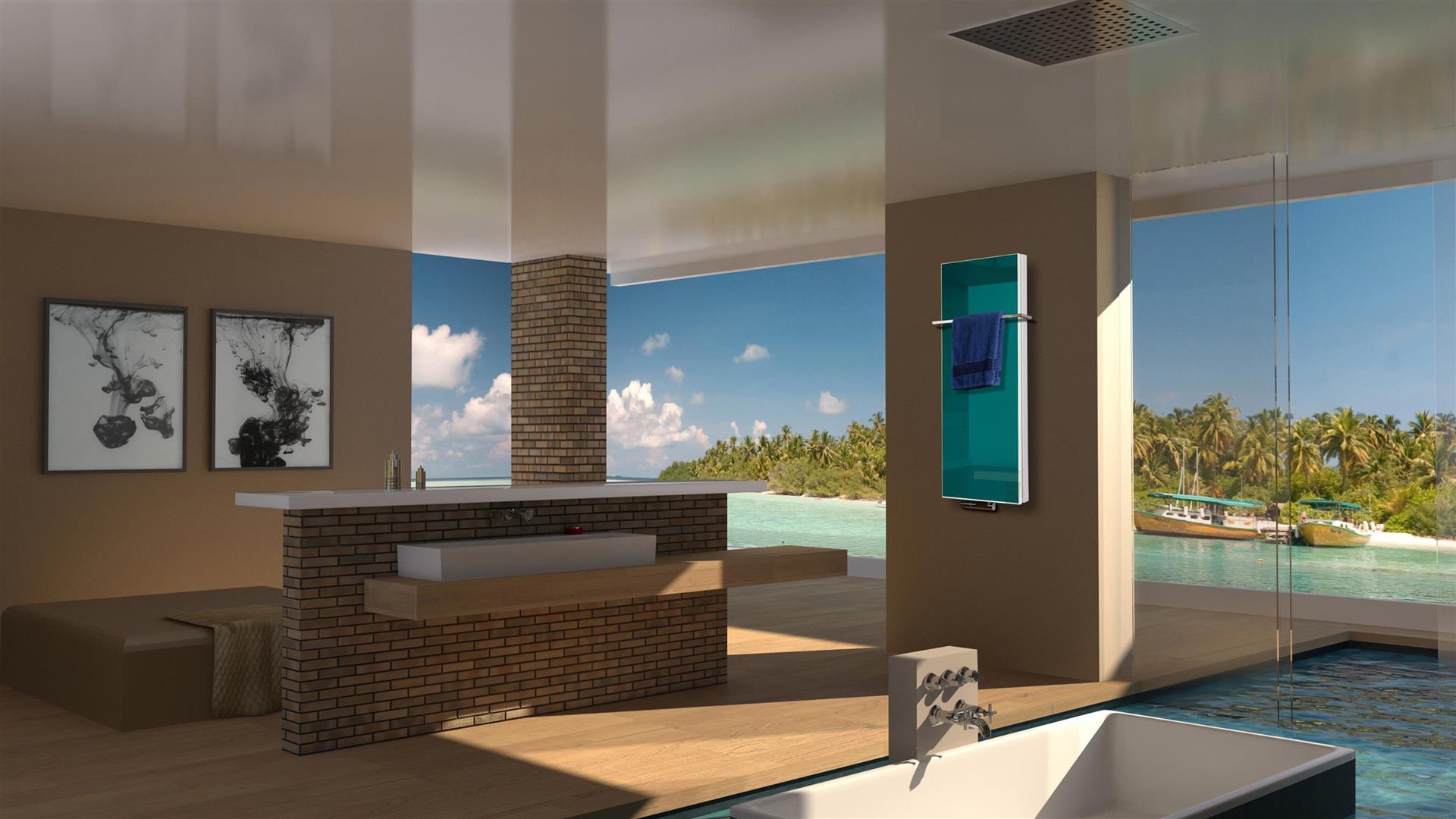 BADHEIZKÖRPER Glas Montevideo 5 Glasfront 120x47cm 1458Watt türkis +1 Halter 15mm SZAGATO Designheizkörper Handtuchheizkörper mit Mittelanschluss