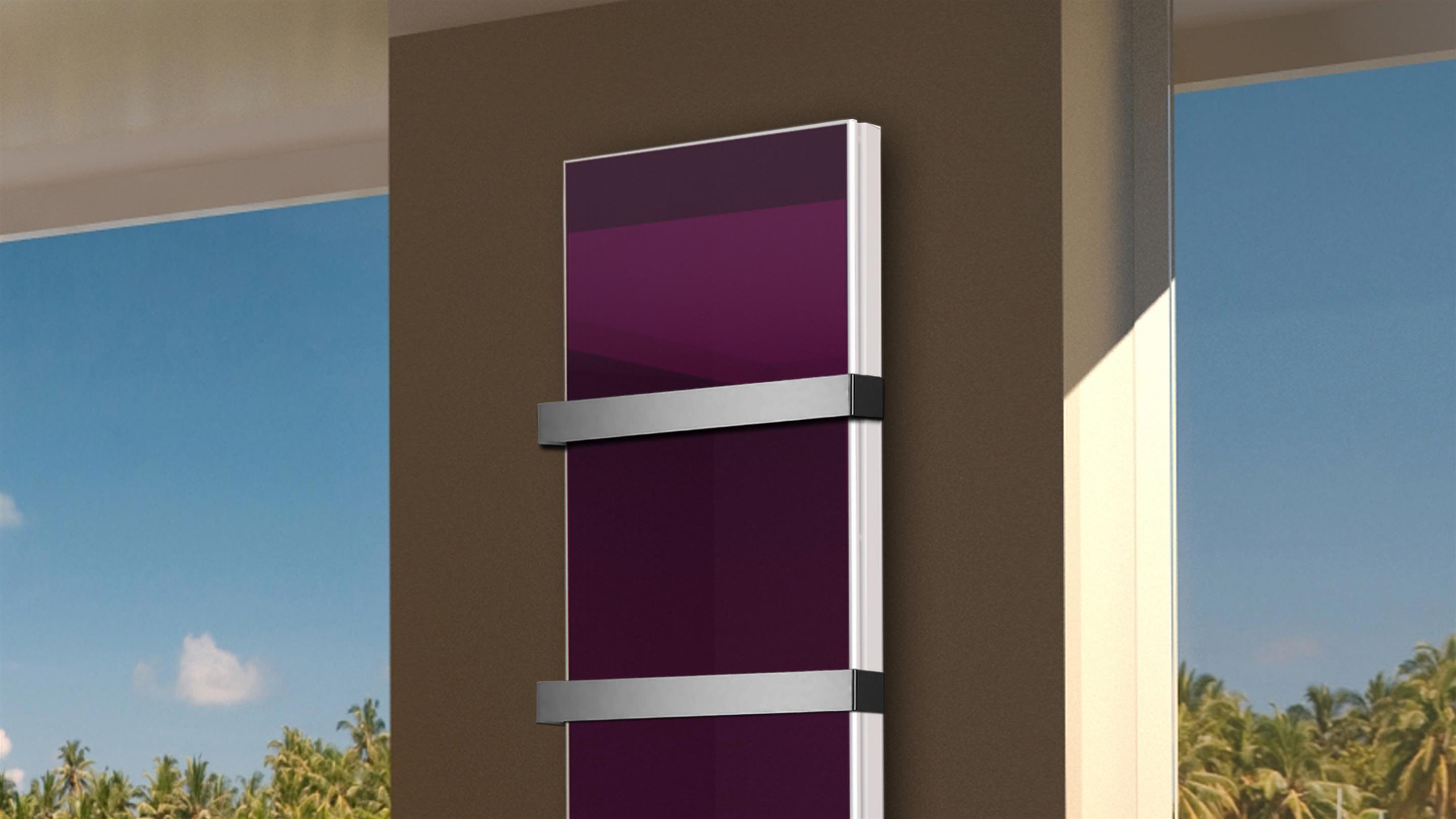 BADHEIZKÖRPER Glas Montevideo 6 Glasfront 180x47cm 1964 Watt violett +2 Halter 50mm SZAGATO Designheizkörper Handtuchheizkörper mit Mittelanschluss