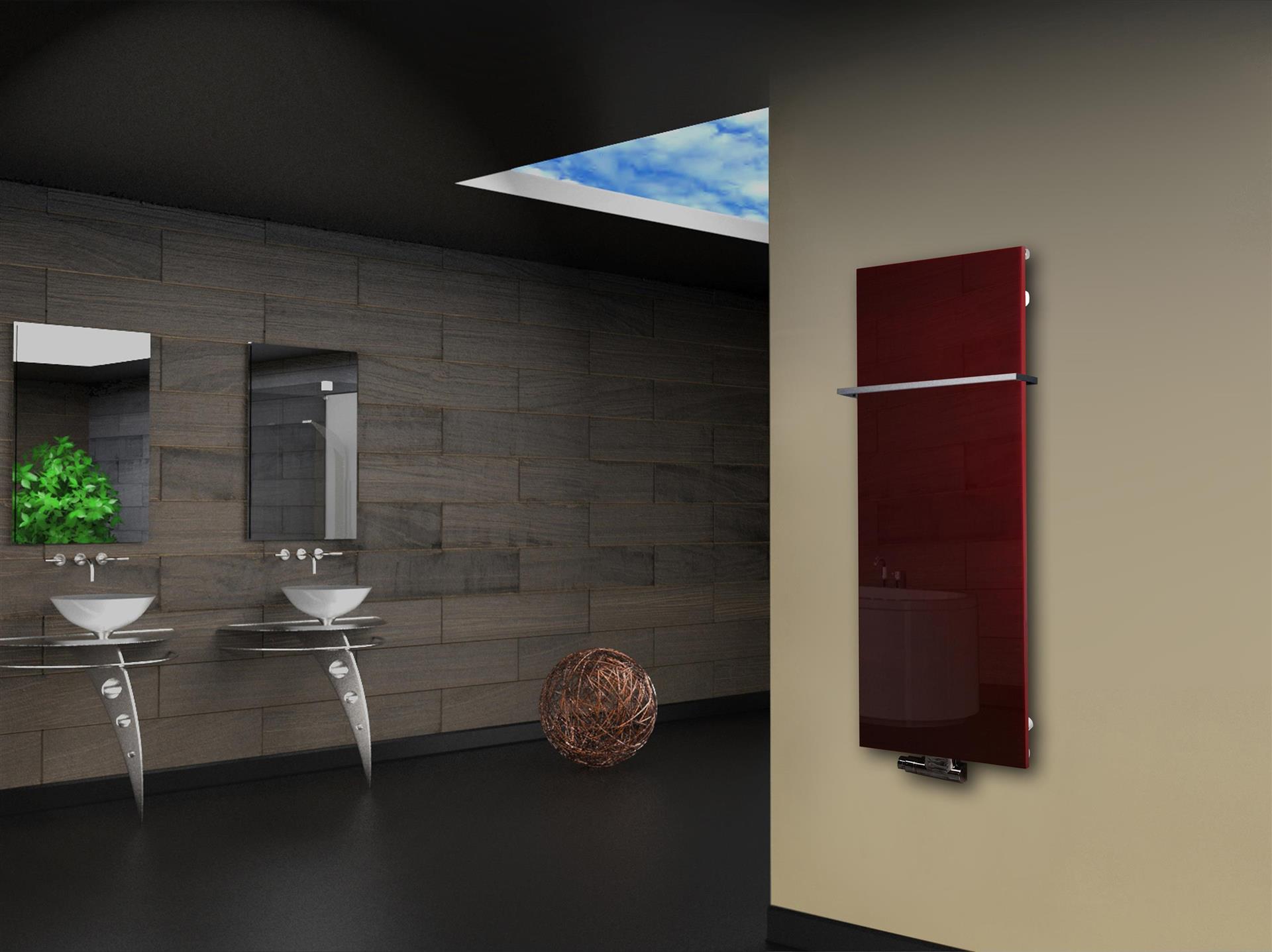 Badheizkörper mit Glas Design Montevideo 2 (Glasfront) 120x47cm 799Watt rot + 1 Halter Edelstahl 15x15mm SZAGATO Designheizkörper mit Mittelanschluss