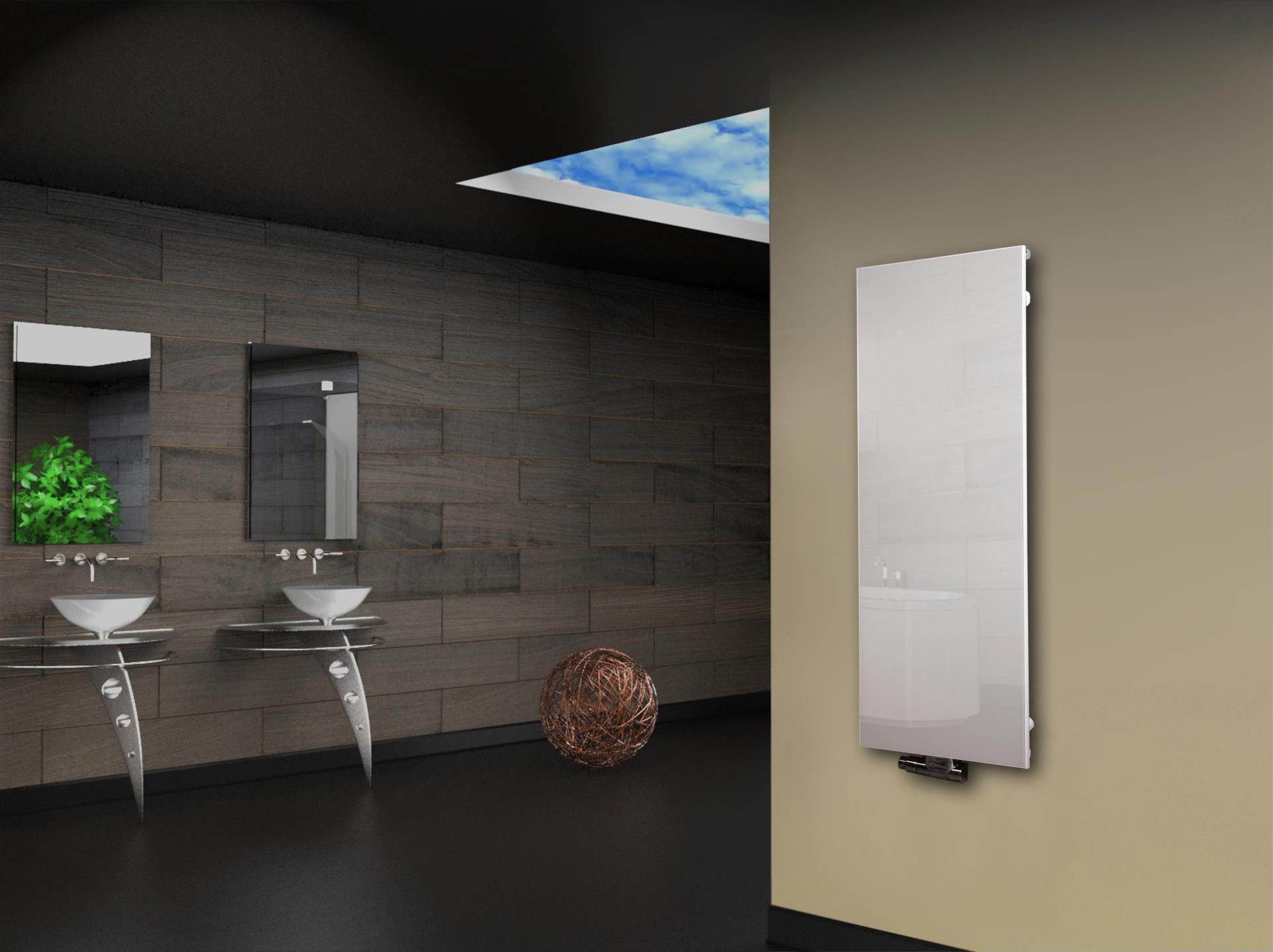 Badheizkörper mit Glas Design Montevideo 2 Glasfront 120x47cm 799 Watt weiß SZAGATO Heizkörper Handtuchheizkörper mit Mittelanschluss Handtuchwärmer
