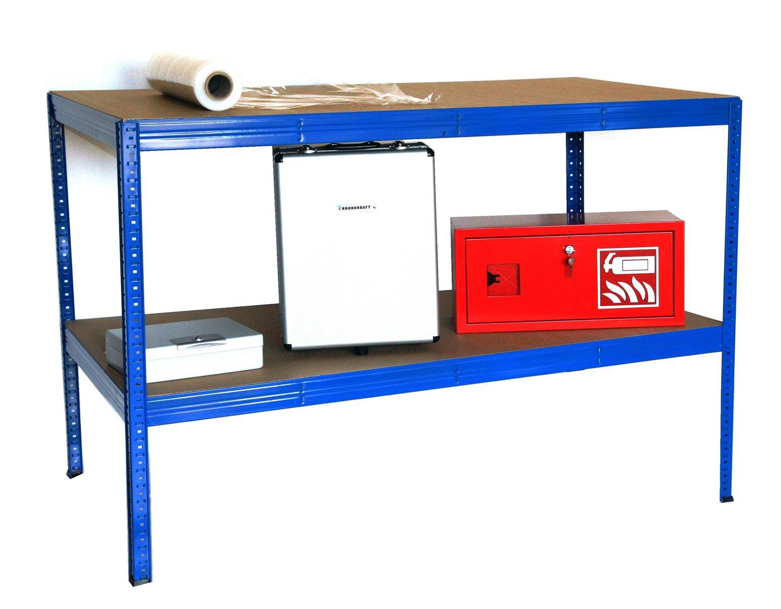 Werkbank Verpackungstisch 350 kg Profi 100x150x80cm 2 Böden blau SZAGATO Werkbank als Regal Werkbänk Metallregal Fachbodenregal Regalsystem