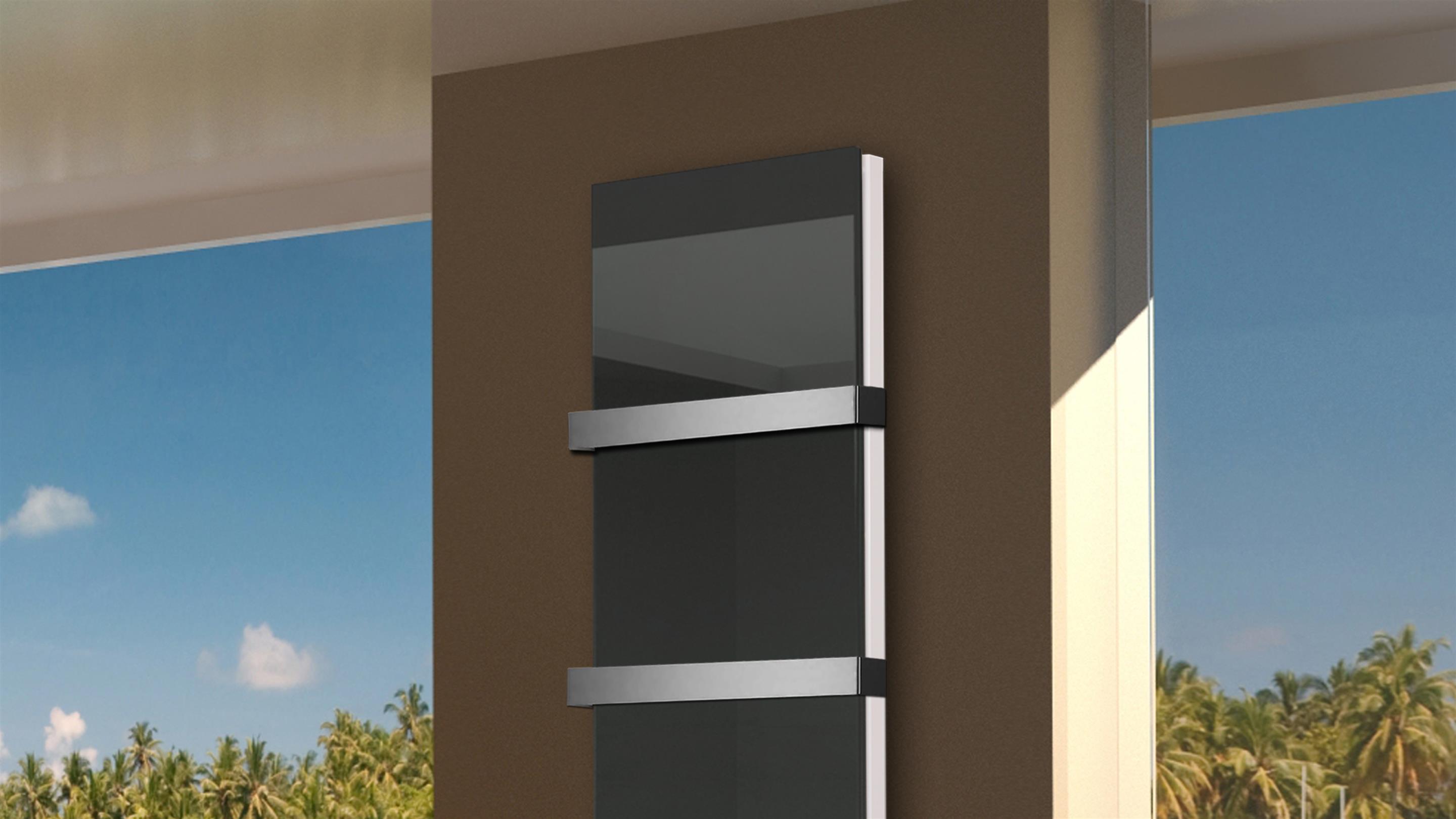 BADHEIZKÖRPER Glas Montevideo 6 Glasfront 180x47cm 1964 Watt anthrazit - moonstone +2 Halter 50mm SZAGATO Designheizkörper mit Mittelanschluss