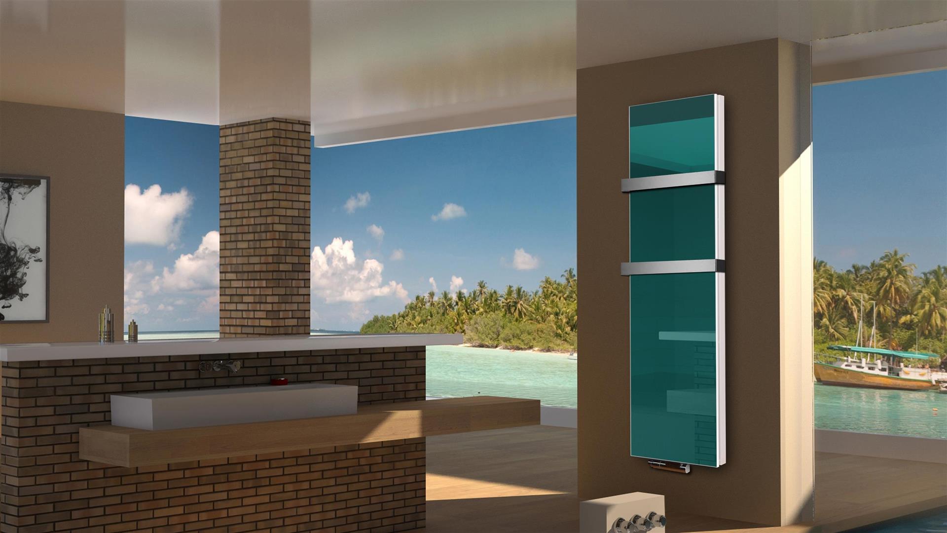 BADHEIZKÖRPER Glas Montevideo 6 Glasfront 180x47cm 1964 Watt türkis +2 Halter 50mm SZAGATO Designheizkörper Handtuchheizkörper mit Mittelanschluss