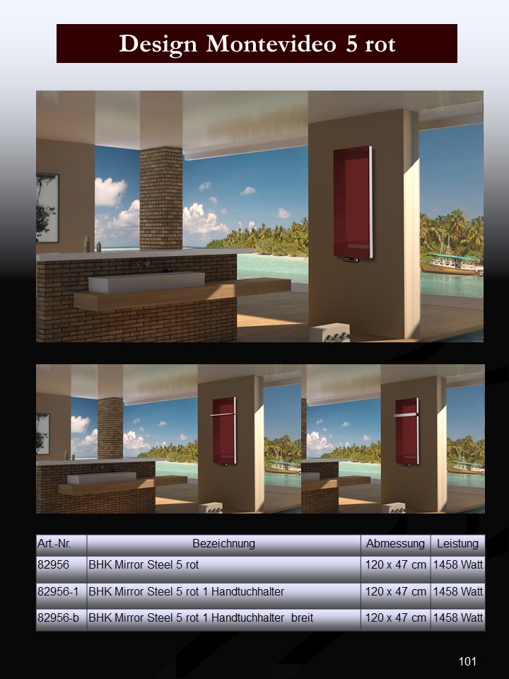 BADHEIZKÖRPER mit Glas Montevideo 5 Glasfront 120x47cm 1458 Watt rot SZAGATO Designheizkörper Handtuchheizkörper mit Mittelanschluss Handtuchwärmer