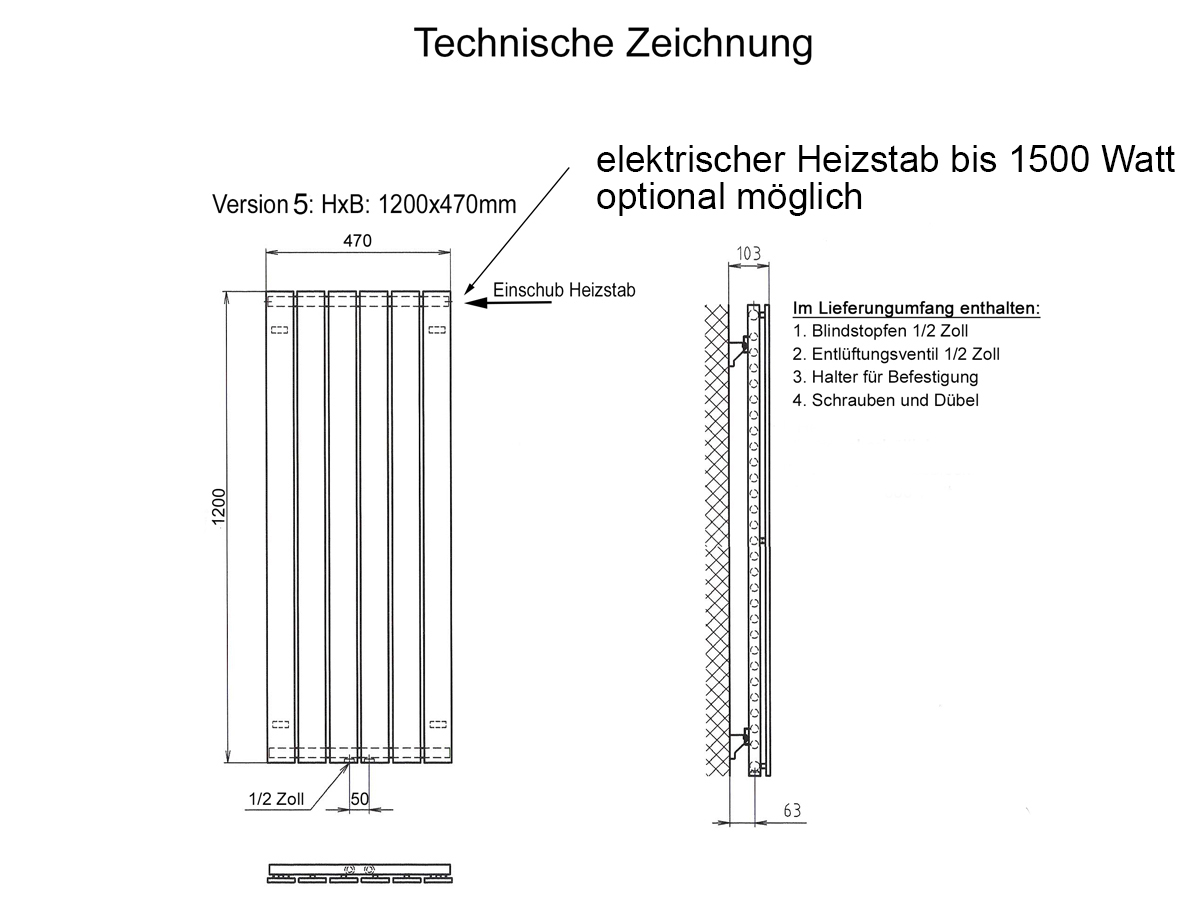 BADHEIZKÖRPER Design Mirror 5 120x47cm 1458 Watt Edelstahl matt (+1 Halter 50mm) SZAGATO Designheizkörper Handtuchheizkörper mit Mittelanschluss