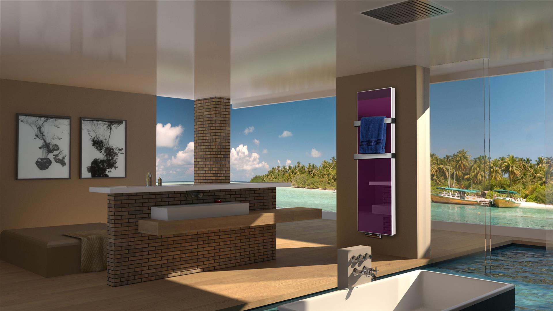 BADHEIZKÖRPER Glas Montevideo 6 Glasfront 180x47cm 1964 Watt violett +2 Halter 50mm SZAGATO Designheizkörper Handtuchheizkörper mit Mittelanschluss