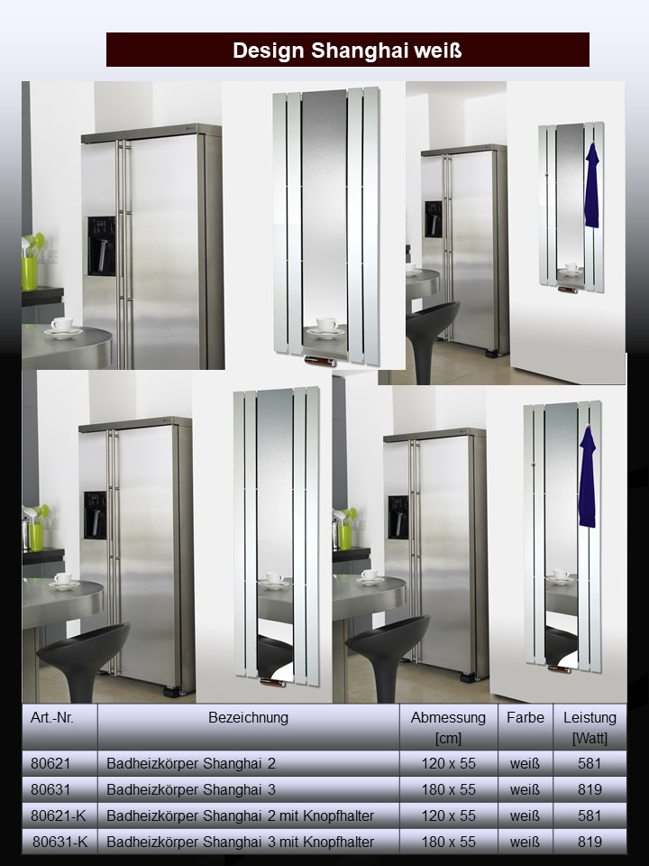 BADHEIZKÖRPER mit Spiegel Design Shanghai 3 180 x 55cm 819 Watt weiß SZAGATO Designheizkörper Handtuchheizkörper mit Mittelanschluss Handtuchwärmer