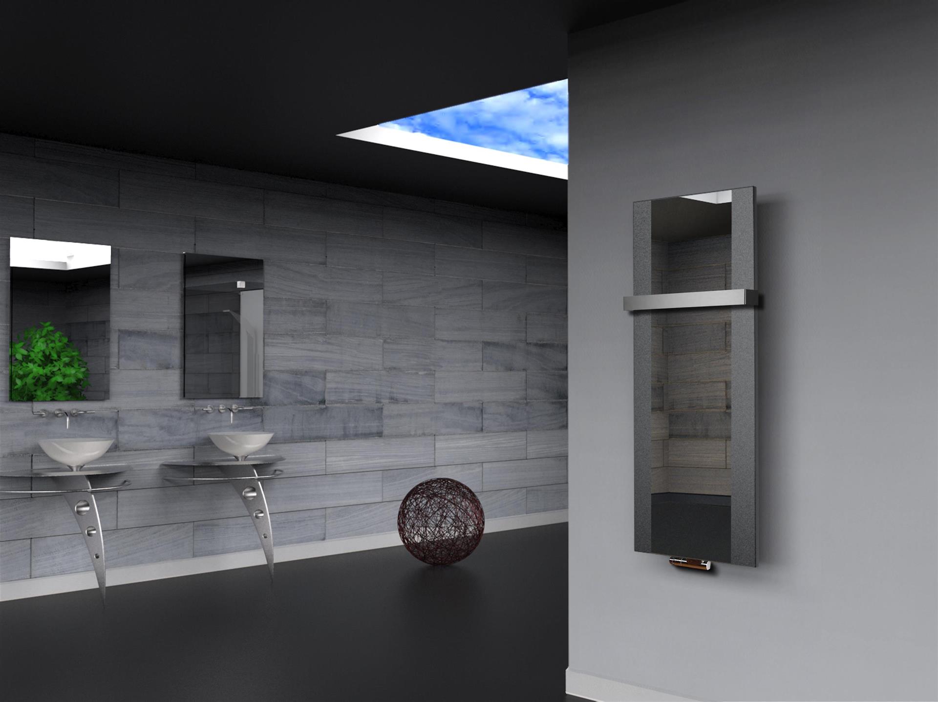 BADHEIZKÖRPER mit Spiegel Design Singapur 2 120x47cm 799 Watt anthrazit - moon +1 Halter 50mm SZAGATO Designheizkörper Mittelanschluss Handtuchwärmer