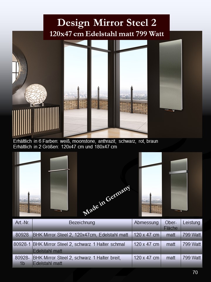 BADHEIZKÖRPER Design Mirror 2 120x47cm 799 Watt Edelstahl matt (+1 Halter 30mm) SZAGATO Designheizkörper Handtuchheizkörper mit Mittelanschluss