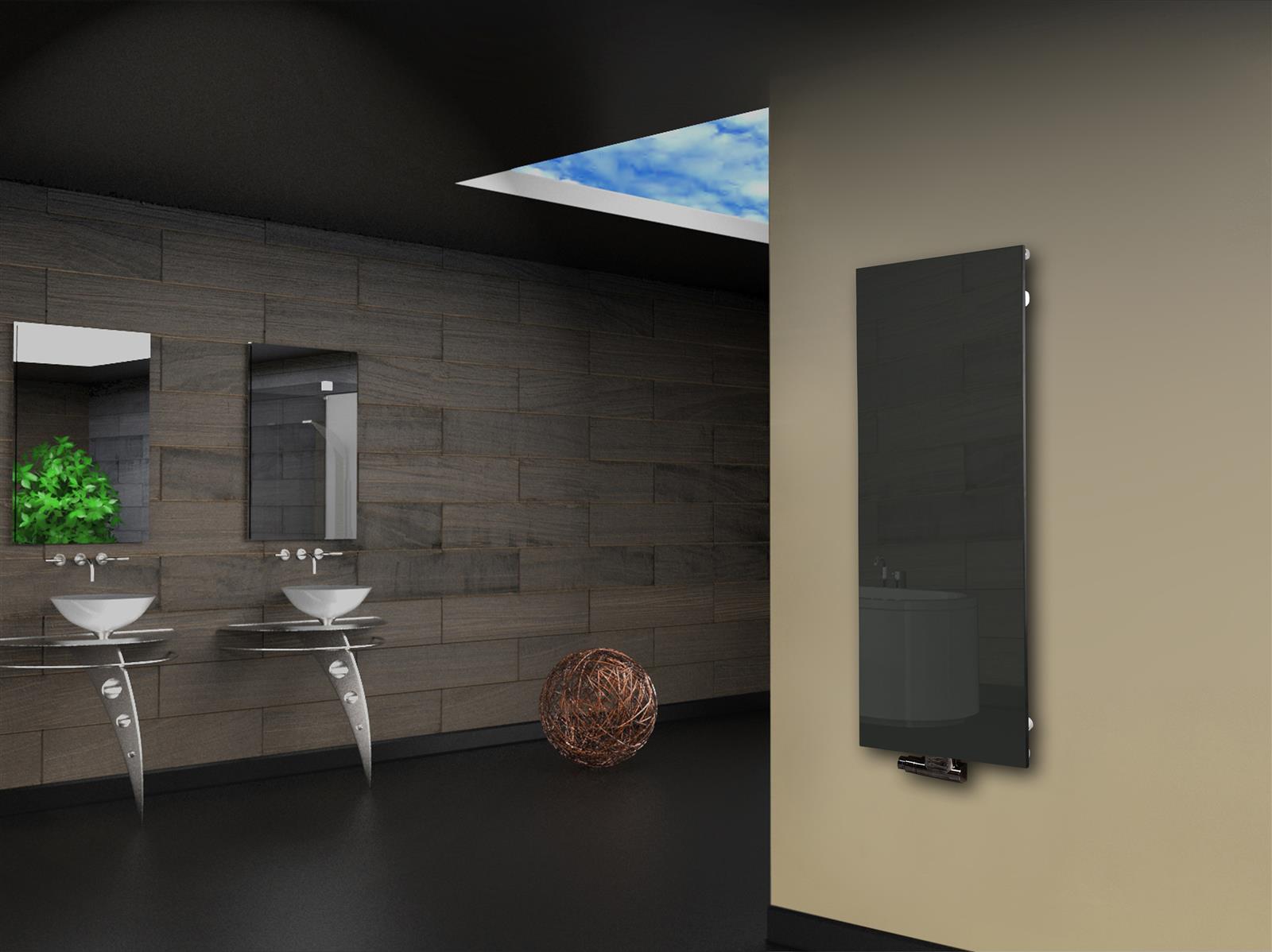 Badheizkörper mit Glas Design Montevideo 2 Glasfront 120x47cm 799 Watt anthrazit moonstone SZAGATO Handtuchwärmer Wohnraum-Heizkörper Mittelanschluss