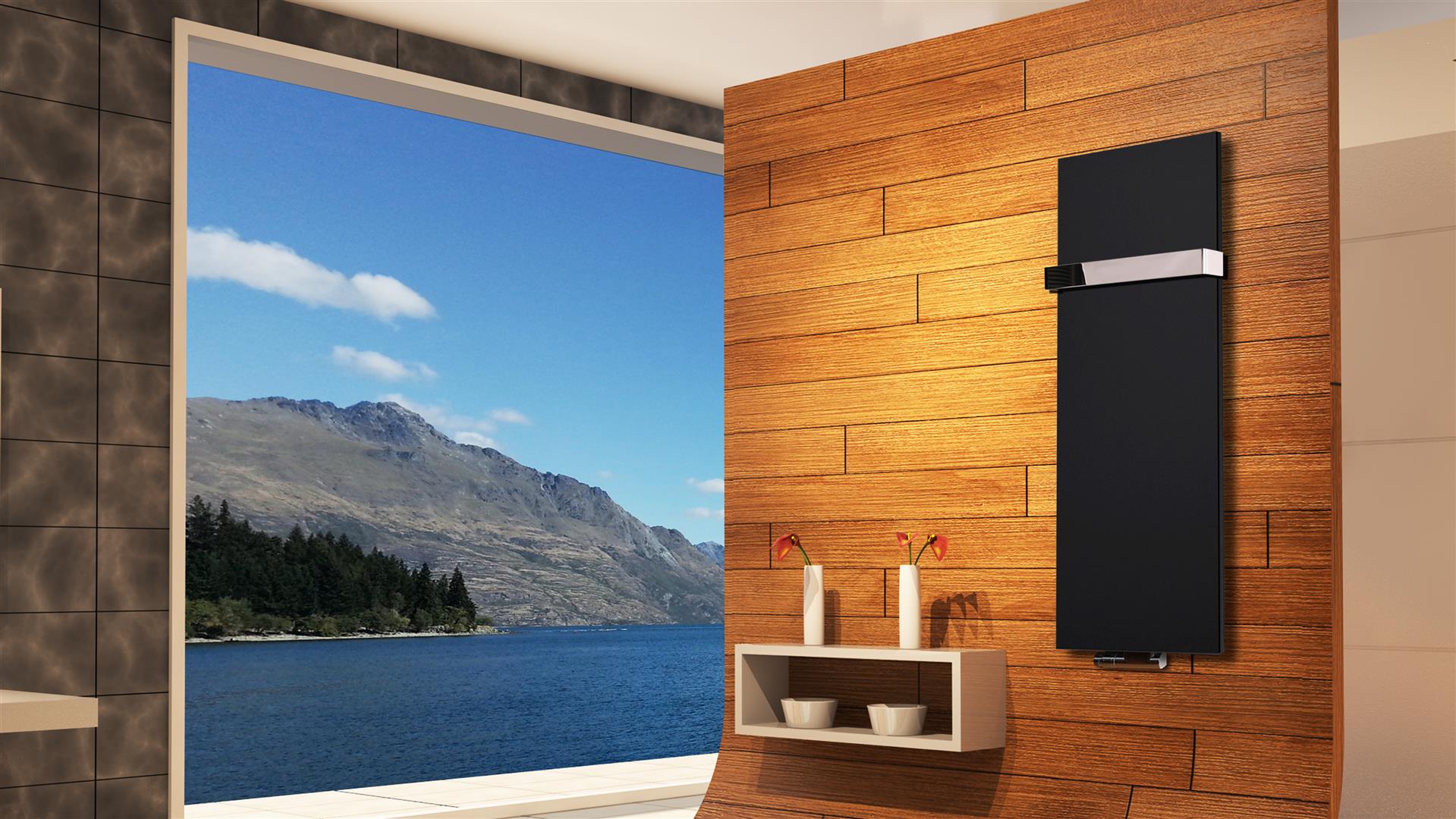 BADHEIZKÖRPER Design Mirror Steel 2 120x47cm 799 Watt schwarz (+1 Halter glänzend 50mm) SZAGATO Designheizkörper mit Mittelanschluss Handtuchwärmer