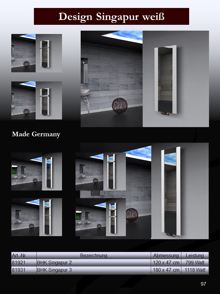 BADHEIZKÖRPER mit Spiegel Design Singapur 2 120x47cm 799 Watt weiß  (+1 Halter 15mm) SZAGATO Designheizkörper Handtuchheizkörper mit Mittelanschluss