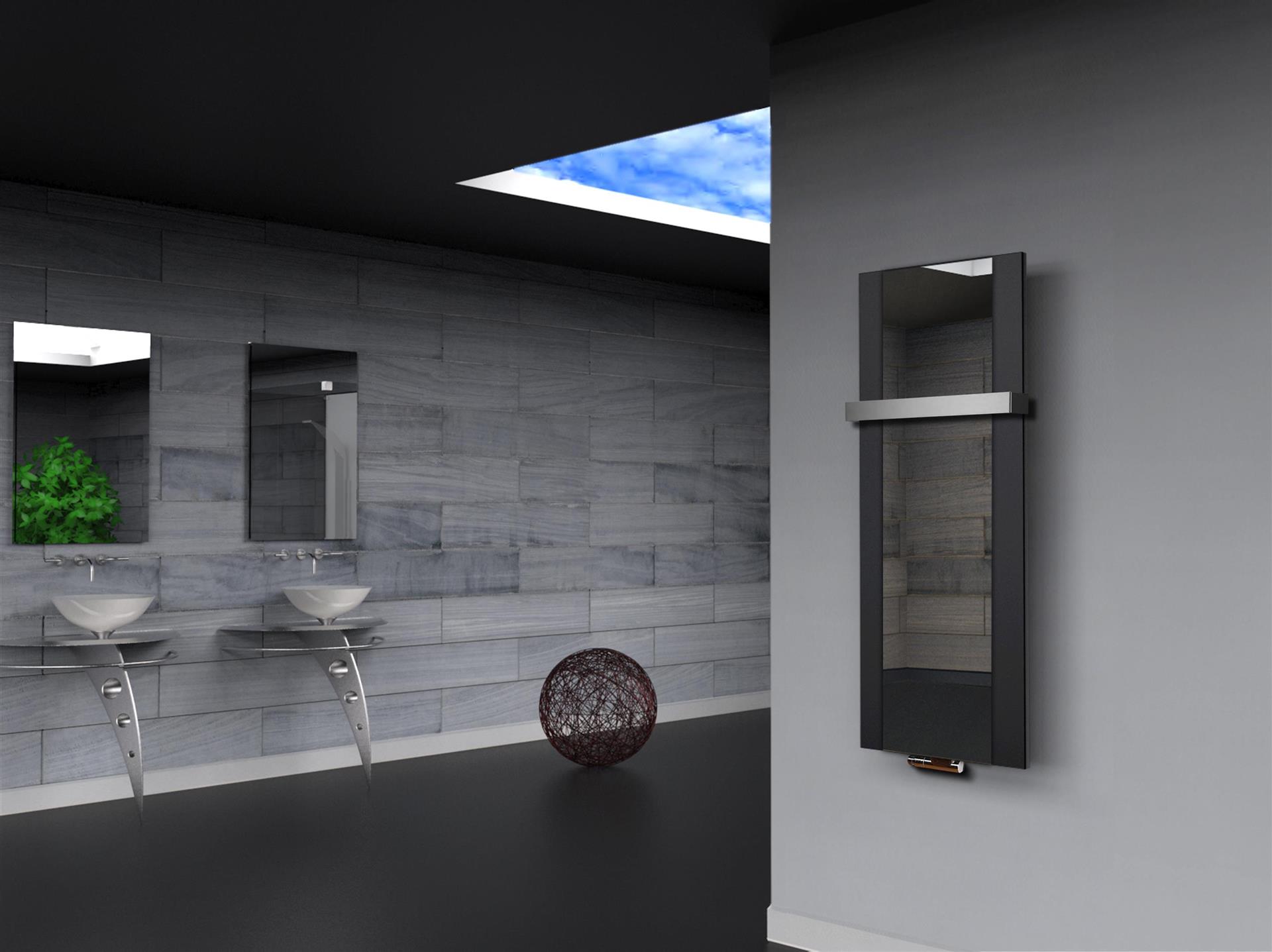 BADHEIZKÖRPER mit Spiegel Design Singapur 2 120x47cm 799 Watt schwarz  (+1 Halter 50mm) SZAGATO Designheizkörper mit Mittelanschluss Handtuchwärmer