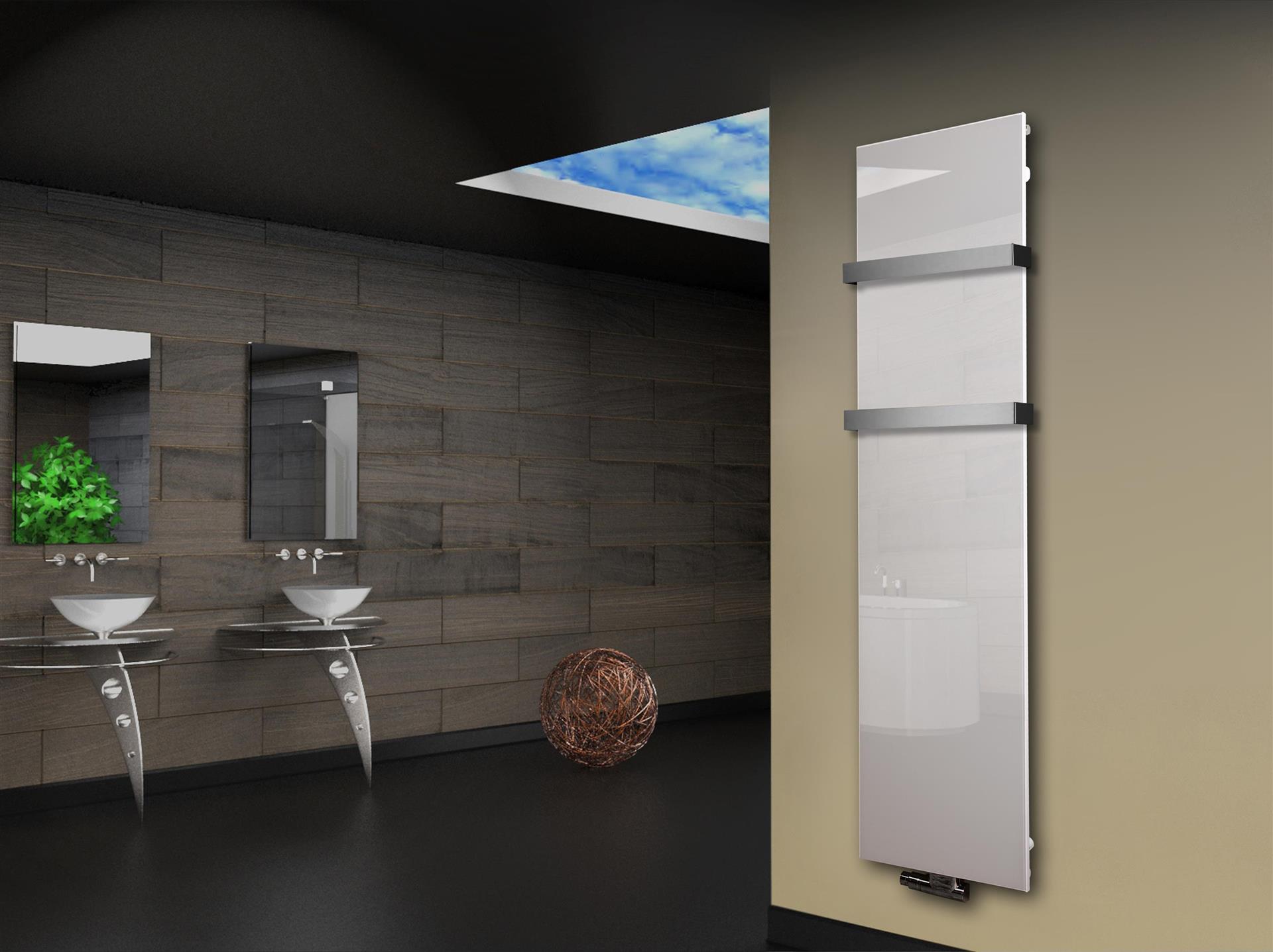 Badheizkörper mit Glas Design Montevideo 3 (Glasfront) 180x47cm 1118 Watt weiß +2 Halter 50mm SZAGATO Designheizkörper Mittelanschluss Handtuchwärmer