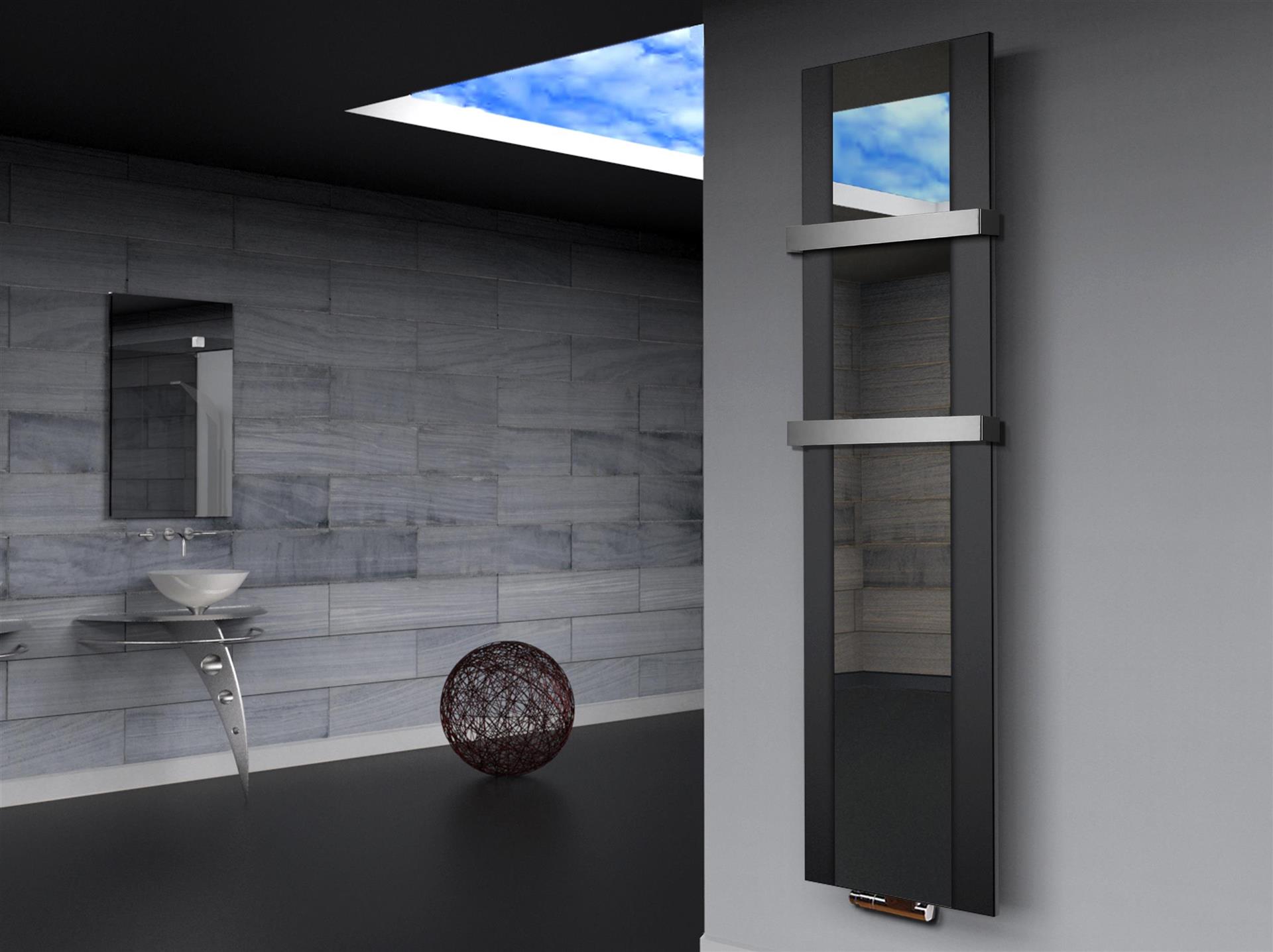 BADHEIZKÖRPER mit Spiegel Design Singapur 3 180x47cm 1118 Watt schwarz  (+2 Halter 50mm) SZAGATO Designheizkörper mit Mittelanschluss Handtuchwärmer