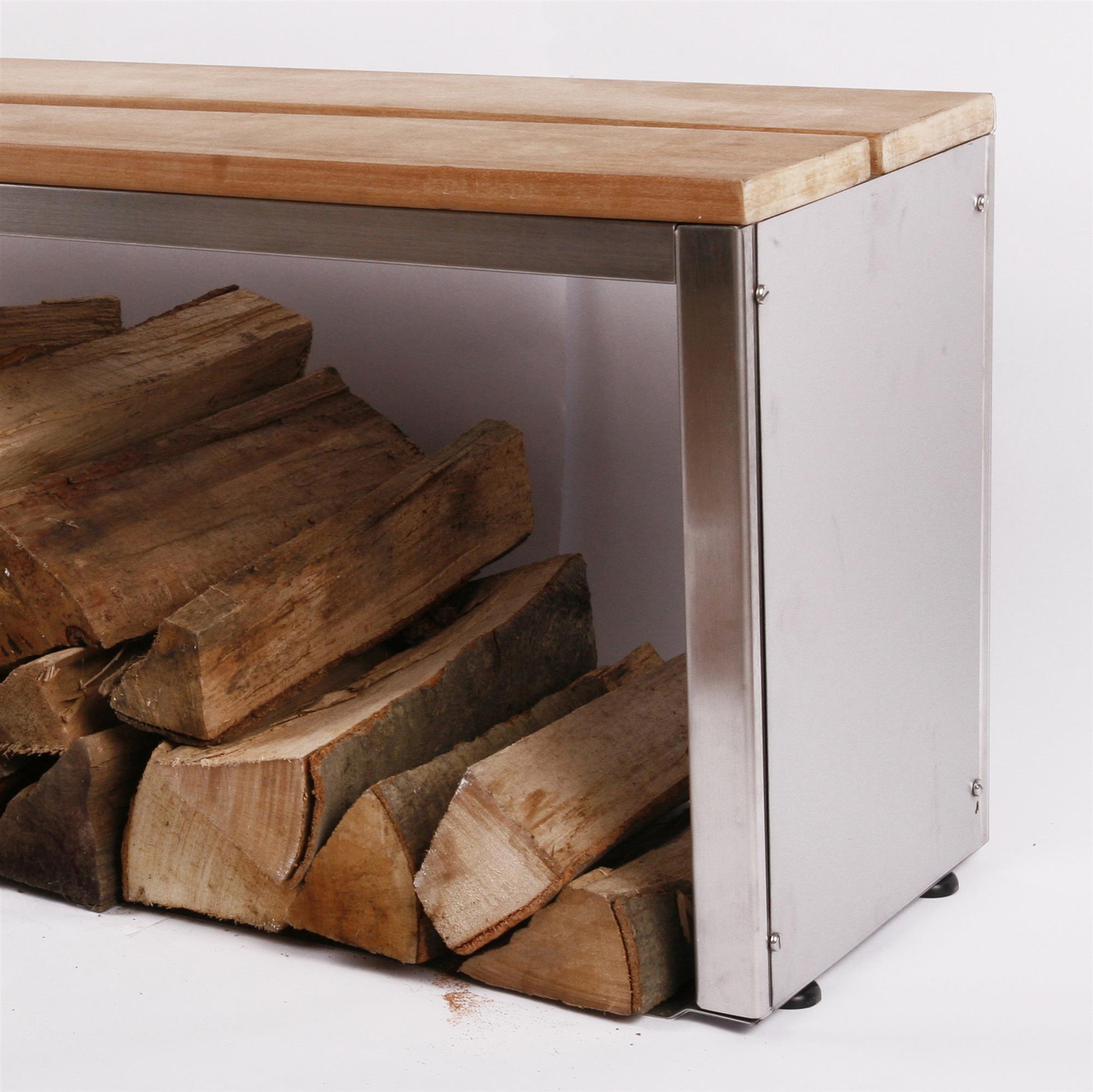 Sitzbank mit Holzlager 150x30cm, Edelstahl (Holzlagerbank, Bank mit Kaminholz / Brennnholz)
