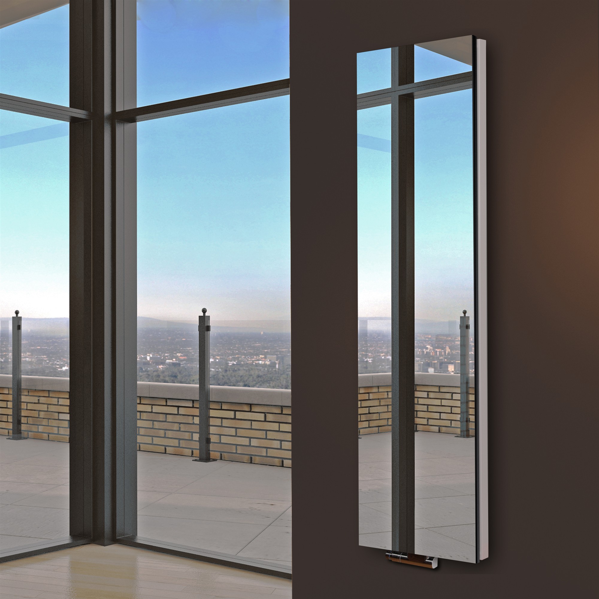 BADHEIZKÖRPER mit Spiegel Design Mirror 6 180x47cm 1964 Watt Edelstahl SZAGATO Designheizkörper Handtuchheizkörper mit Mittelanschluss Handtuchwärmer