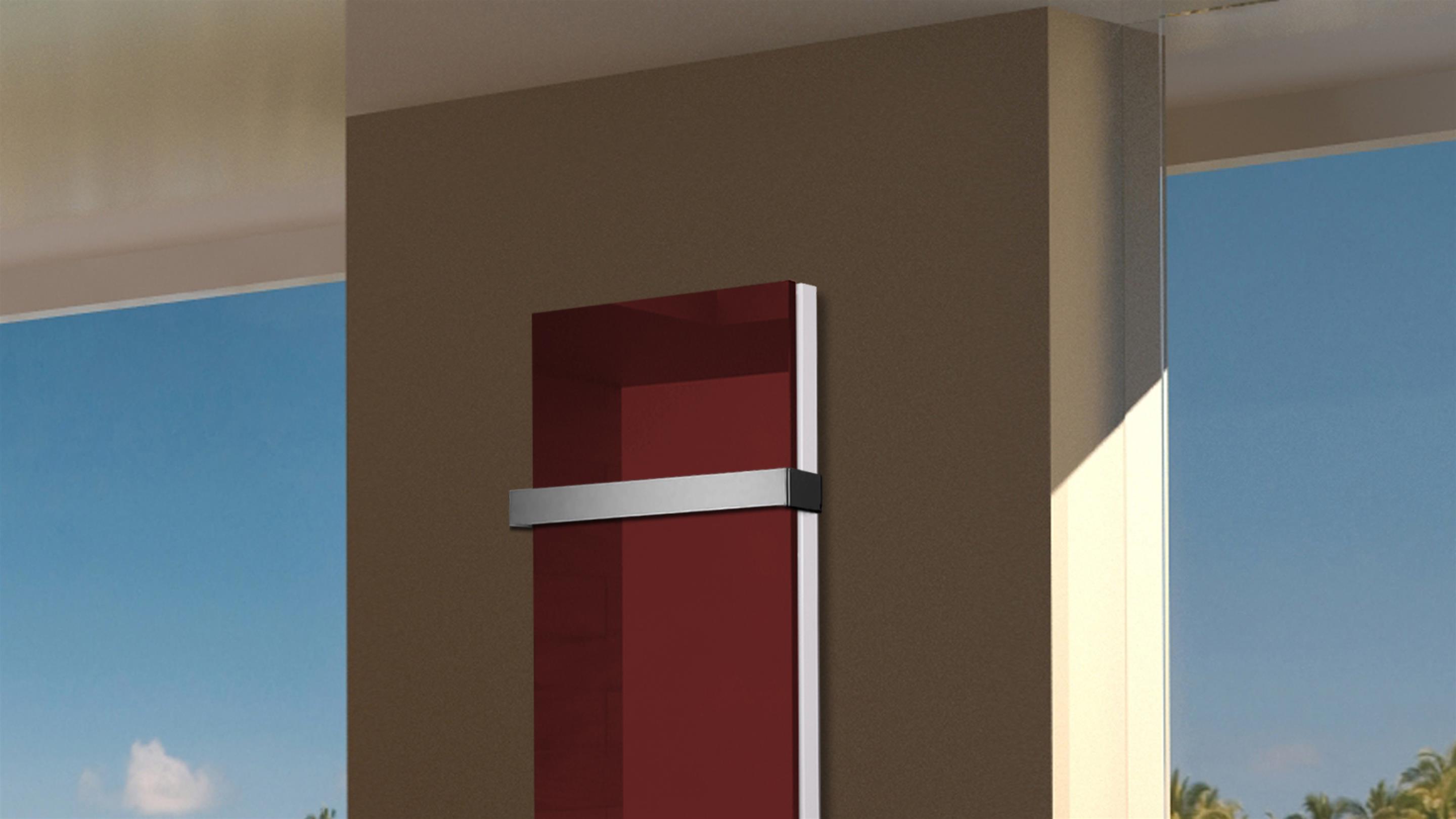 BADHEIZKÖRPER Glas Montevideo 5 Glasfront 120x47cm 1458 Watt rot +1 Halter 50mm SZAGATO Designheizkörper Handtuchheizkörper mit Mittelanschluss