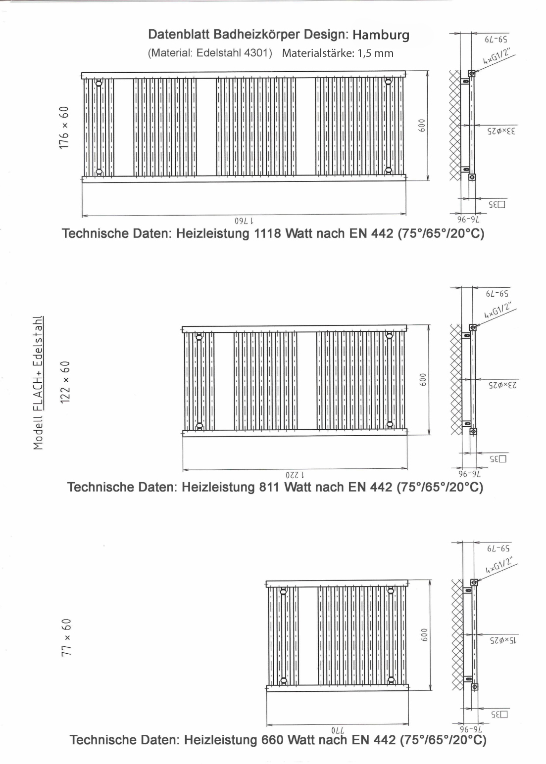 BADHEIZKÖRPER Design Hamburg 3 177 x 60 cm, 1118 Watt SZAGATO Design Heizkörper Handtuchheizkörper Seitenanschluss Handtuchwärmer mit Seitenanschluss #1