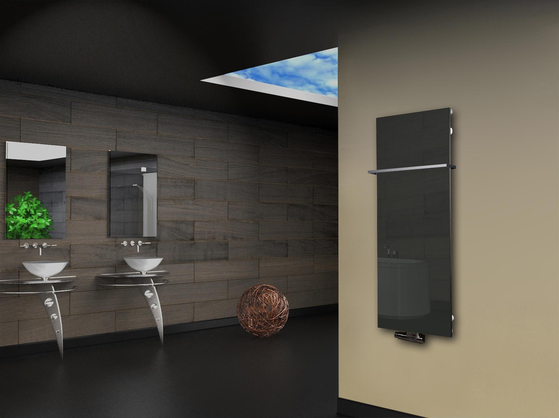 Badheizkörper mit Glas Design Montevideo 2 (Glasfront) 120x47cm 799 Watt anthrazit - moon +1 Halter 15mm SZAGATO Designheizkörper mit Mittelanschluss