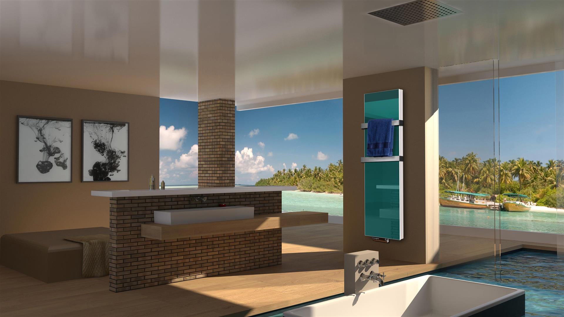 BADHEIZKÖRPER Glas Montevideo 6 Glasfront 180x47cm 1964 Watt türkis +2 Halter 50mm SZAGATO Designheizkörper Handtuchheizkörper mit Mittelanschluss