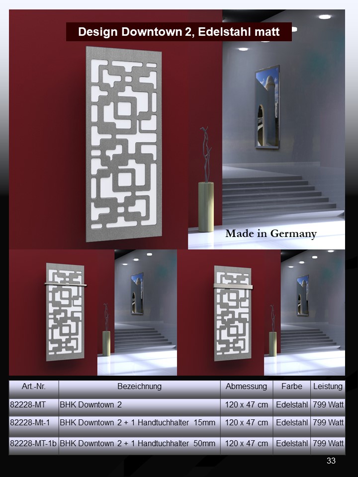 BADHEIZKÖRPER Design Downtown 2 120x47cm 799 Watt Edelstahl matt (+1 Halter 15mm) SZAGATO Bad Wohnraum-Heizkörper (Mittelanschluss)