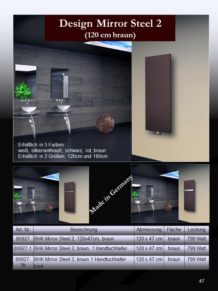 BADHEIZKÖRPER Design Mirror Steel 2 120x47cm 799 Watt braun (+1 Halter glänzend 50mm) SZAGATO Designheizkörper Handtuchheizkörper Mittelanschluss