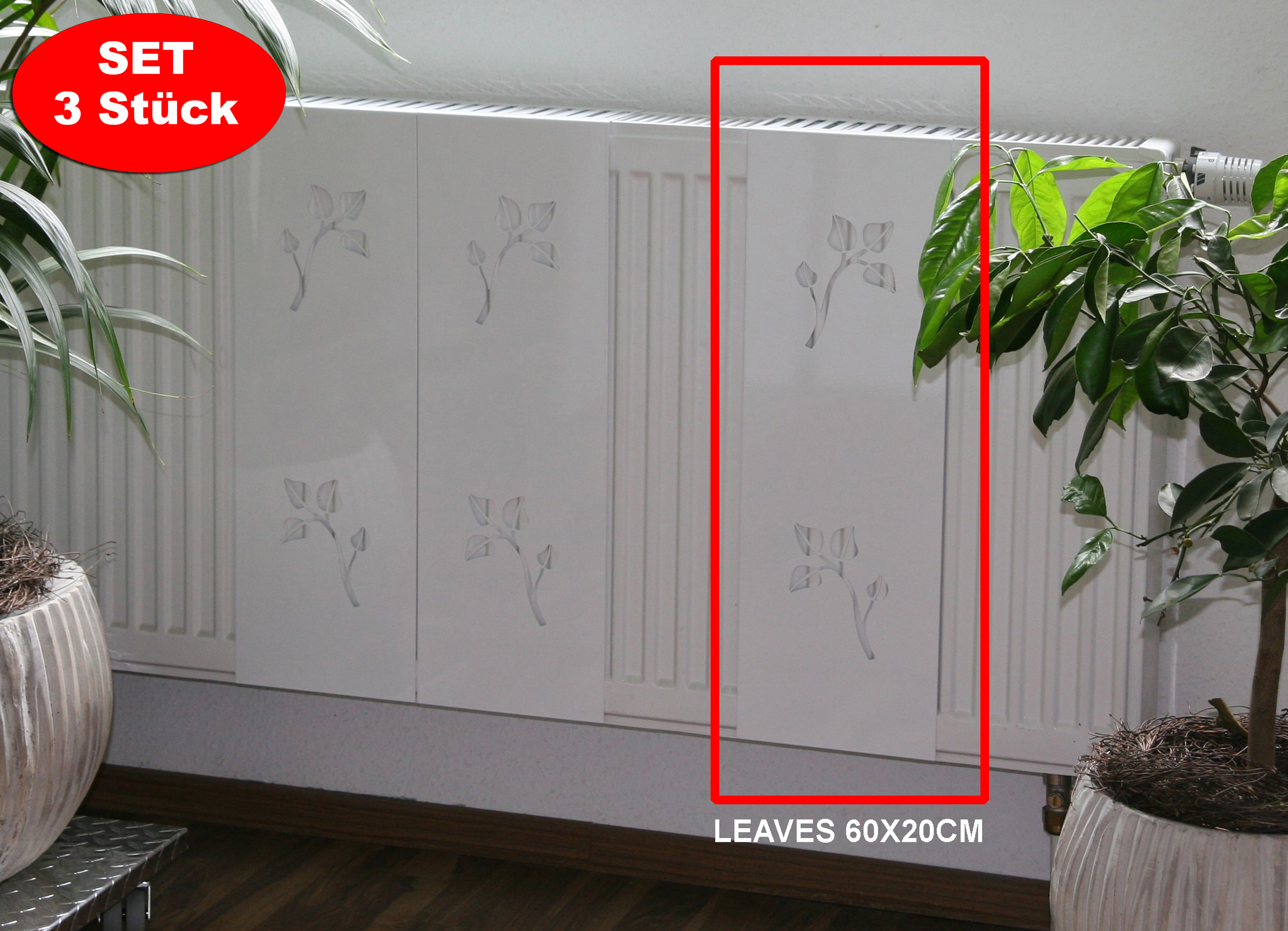 Heizkörperverkleidung 60 x 20cm Design Leaves weiß (SET=3 Stück) SZAGATO Heizungsverkleidung Verkleidung Heizkörper Abdeckung für Heizkörper