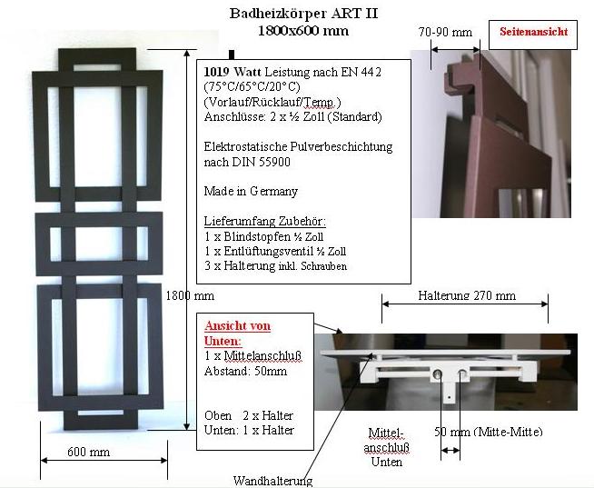 BADHEIZKÖRPER Design ART II (breite Version) 180x60cm 1019 Watt anthrazit moonstone SZAGATO Handtuchheizkörper mit Mittelanschluss Handtuchwärmer