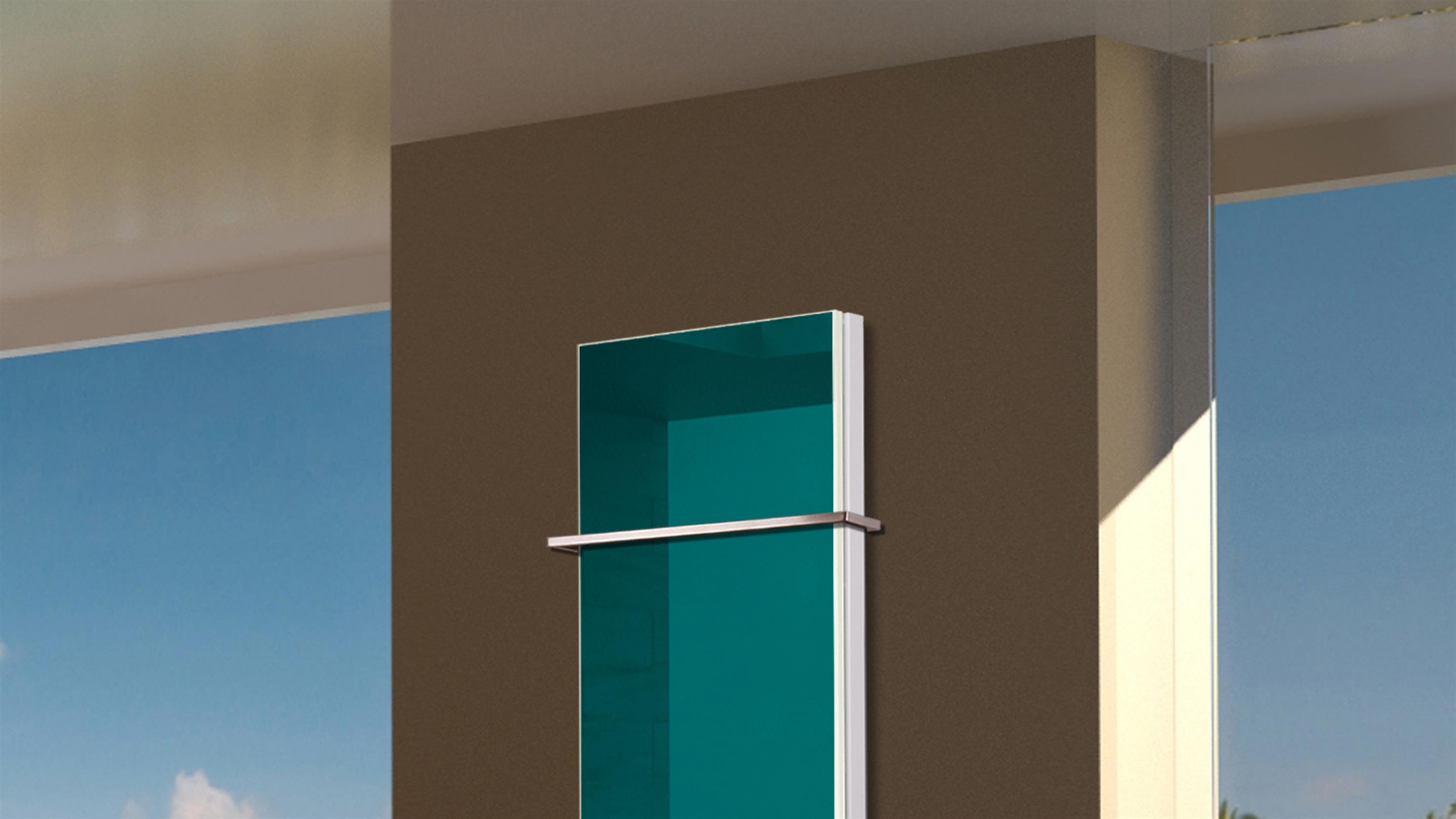 BADHEIZKÖRPER Glas Montevideo 5 Glasfront 120x47cm 1458Watt türkis +1 Halter 15mm SZAGATO Designheizkörper Handtuchheizkörper mit Mittelanschluss