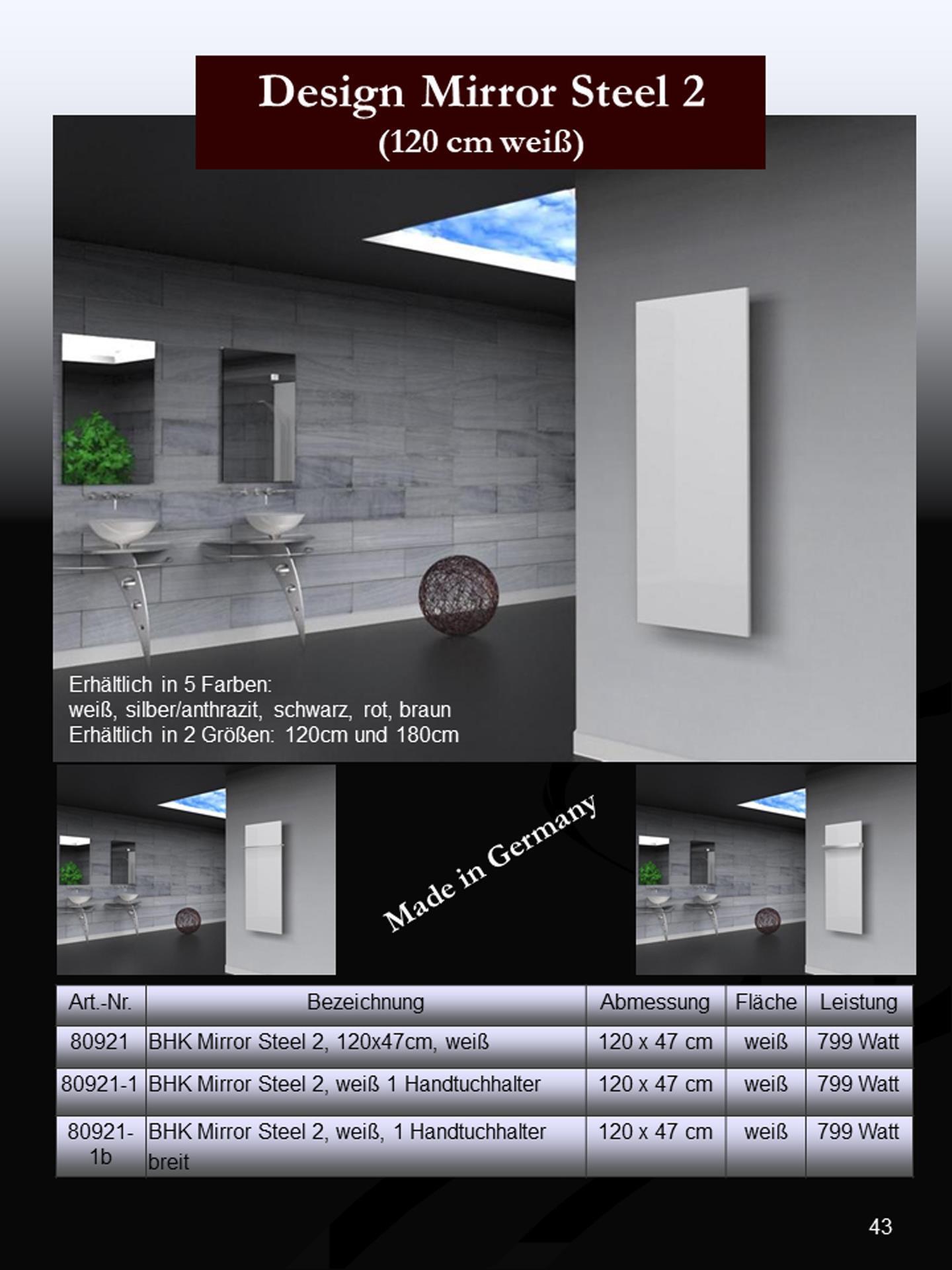 BADHEIZKÖRPER Design Mirror Steel 2 120x47cm 799 Watt weiß (+1 Halter glänzend 50mm) SZAGATO Handtuchheizkörper mit Mittelanschluss Handtuchwärmer