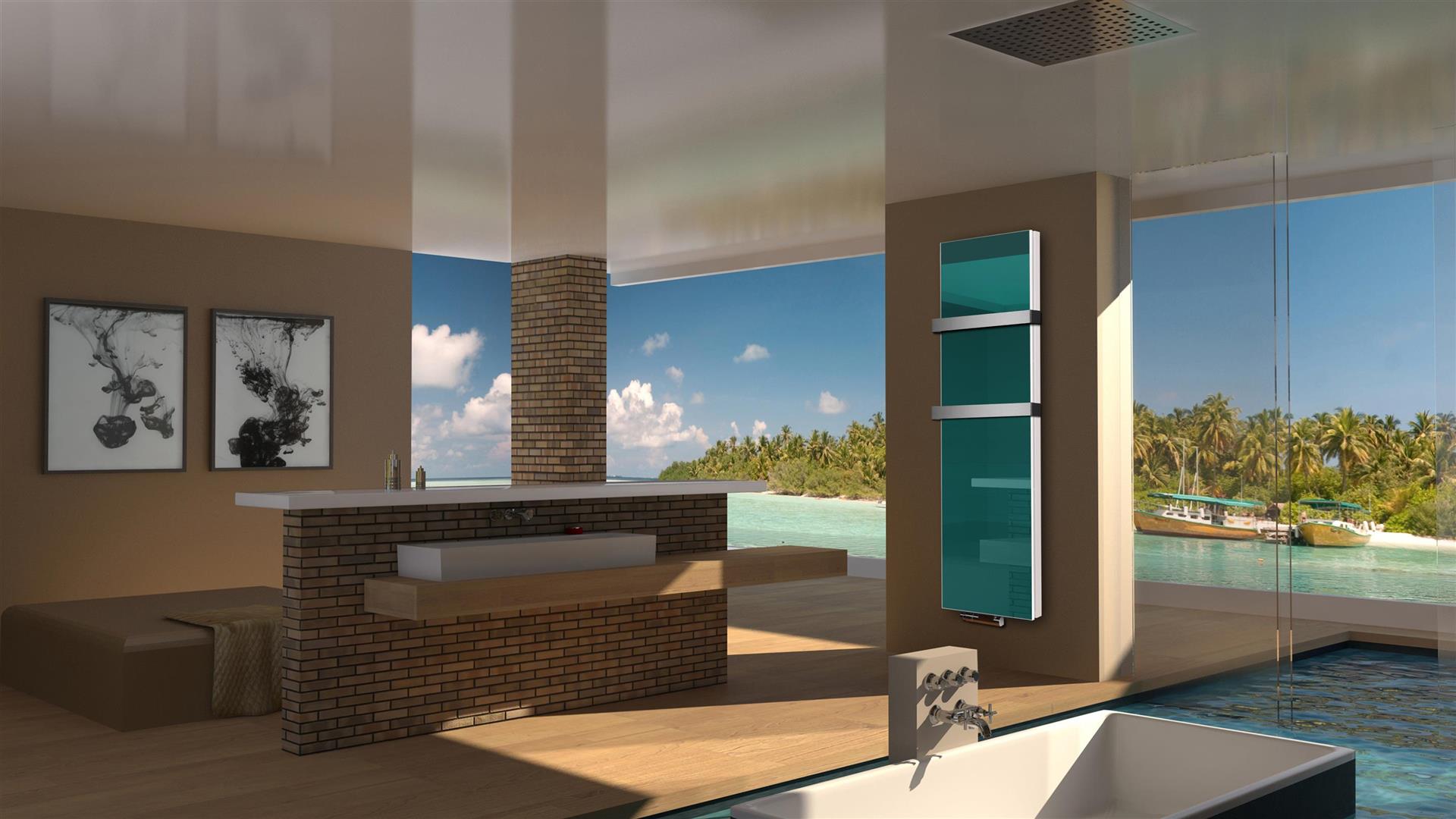 BADHEIZKÖRPER Glas Montevideo 6 Glasfront 180x47cm 1964 Watt türkis +2 Halter 50mm SZAGATO Designheizkörper Handtuchheizkörper mit Mittelanschluss