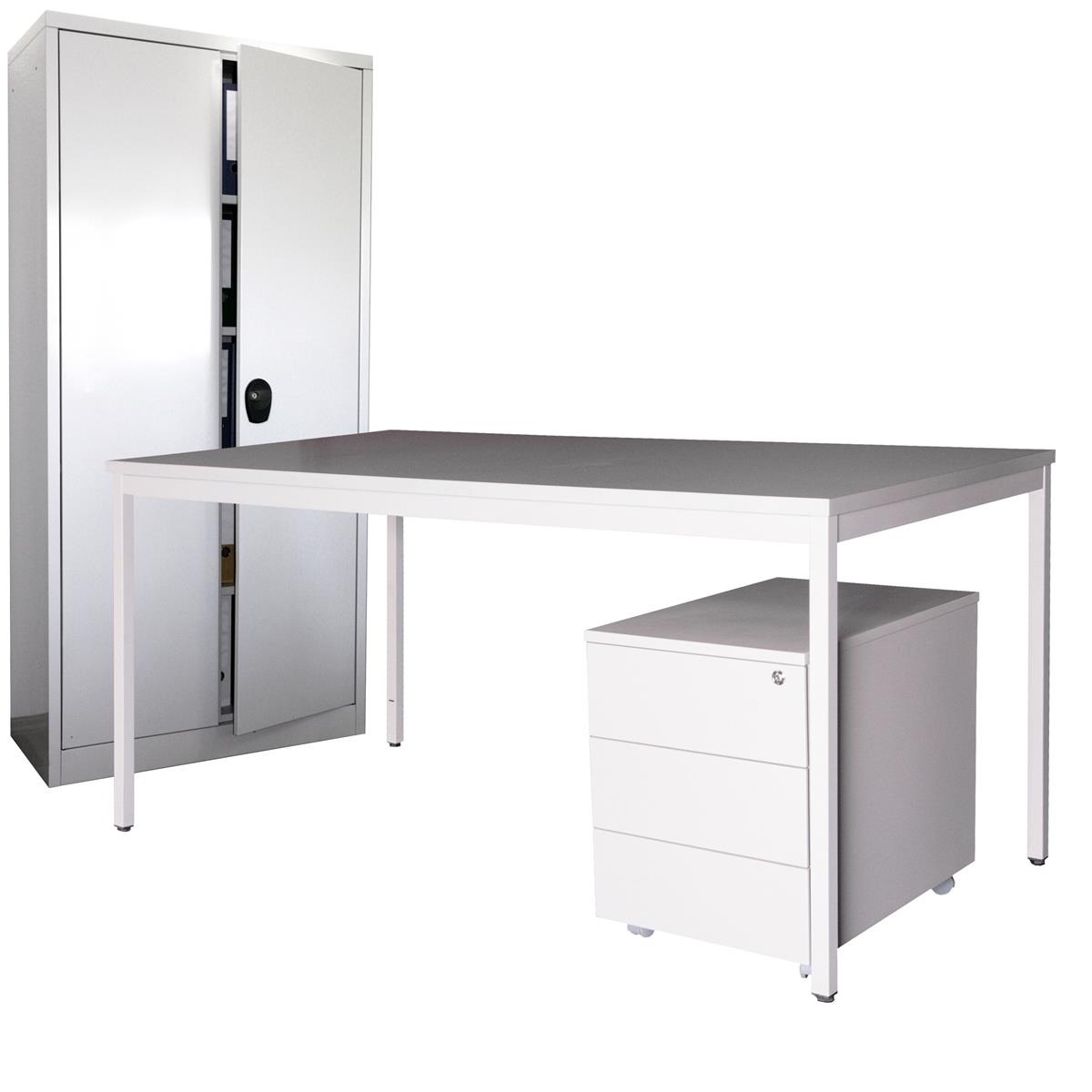 Schreibtisch 120cm SET + Rollcontainer Eco + Stahlschrank 180cm grau SZAGATO Germany Schreibti Arbeitstisch Bürotisch Bürocchreibtisch Kindertisch