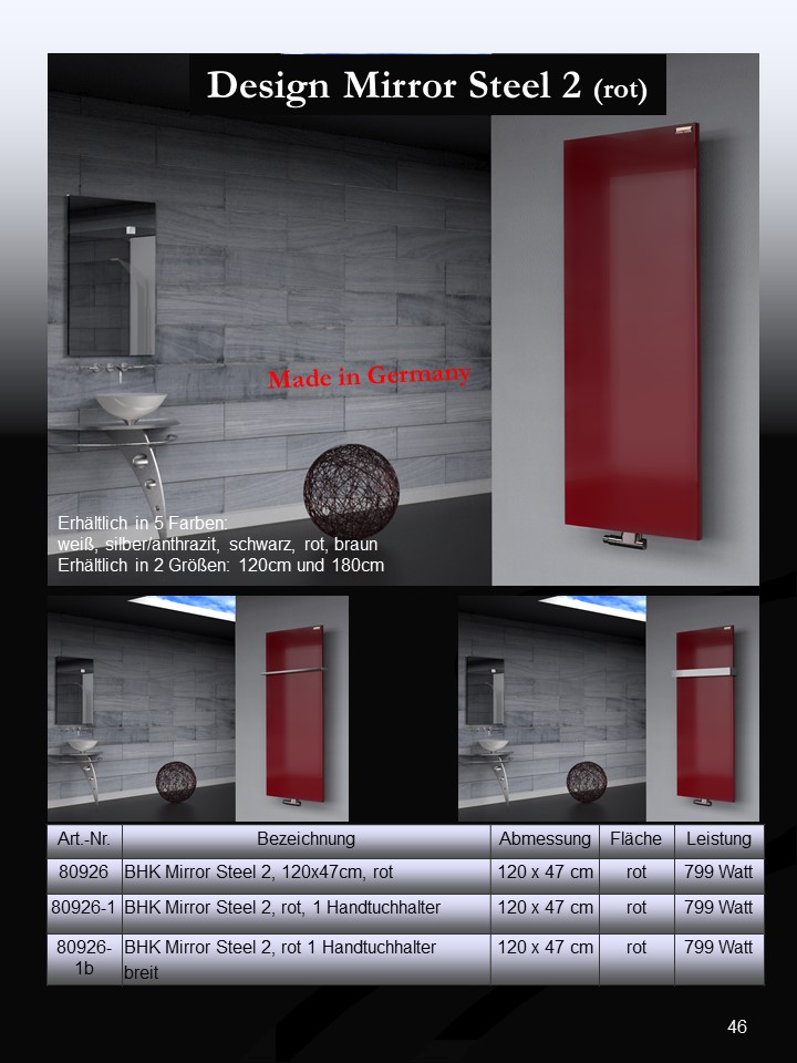 BADHEIZKÖRPER Design Mirror Steel 2 120x47cm 799 Watt rot (+1 Halter glänzend 50mm) SZAGATO Designheizkörper Handtuchheizkörper mit Mittelanschluss
