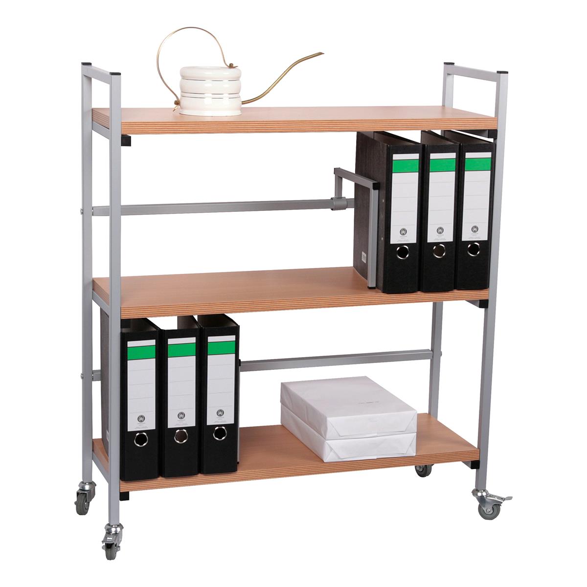 Tischwagen / Ordner-Rollwagen 100x89x30cm 3 Böden Buche + 2 Odnerhalter SZAGATO Ordner Rolltisch Ordner Rollwagen Regal mit Rollen Bürowagen Aktenwagen