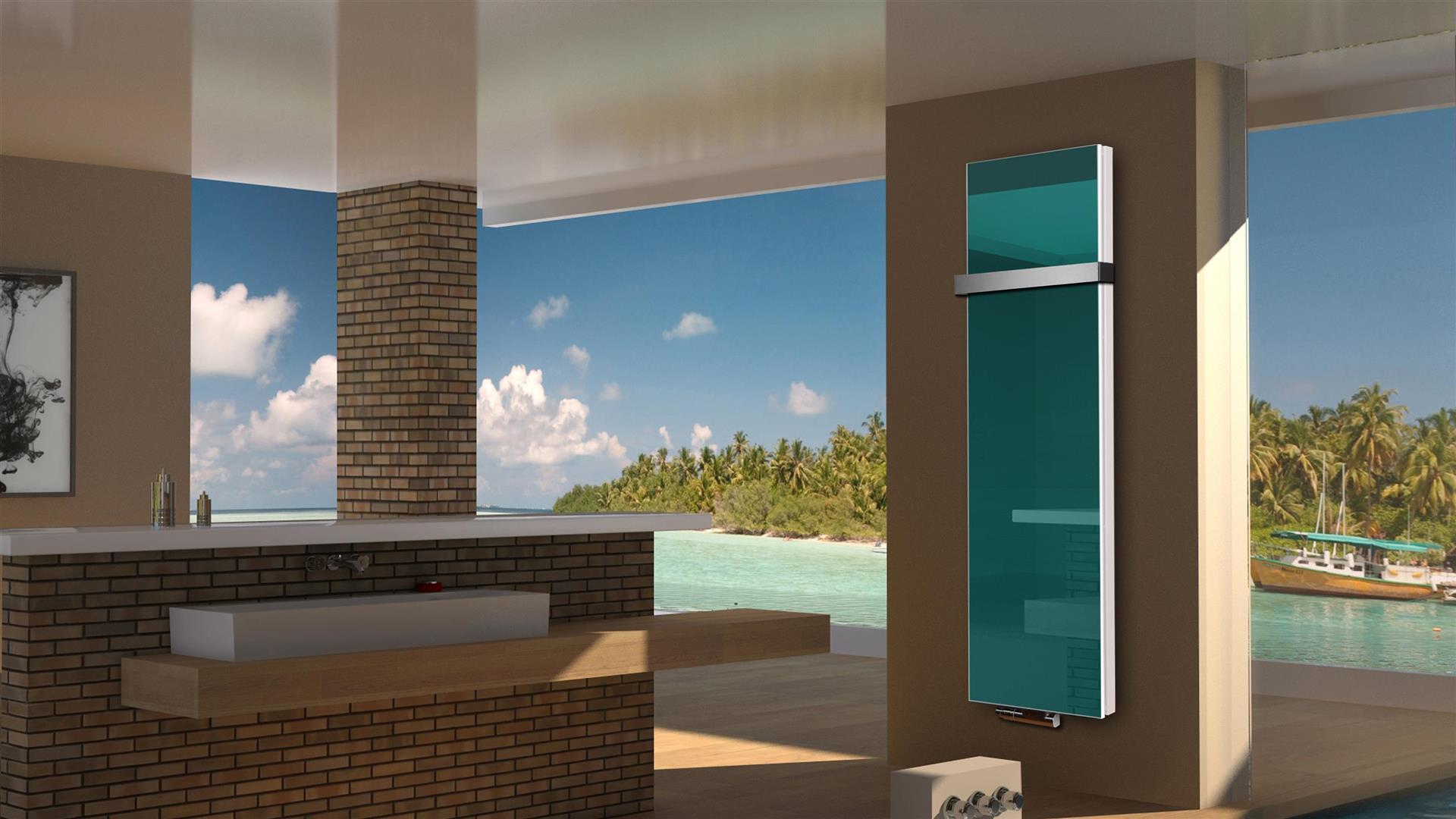 BADHEIZKÖRPER Glas Montevideo 6 Glasfront 180x47cm 1964 Watt türkis +1 Halter 50mm SZAGATO Designheizkörper Handtuchheizkörper mit Mittelanschluss