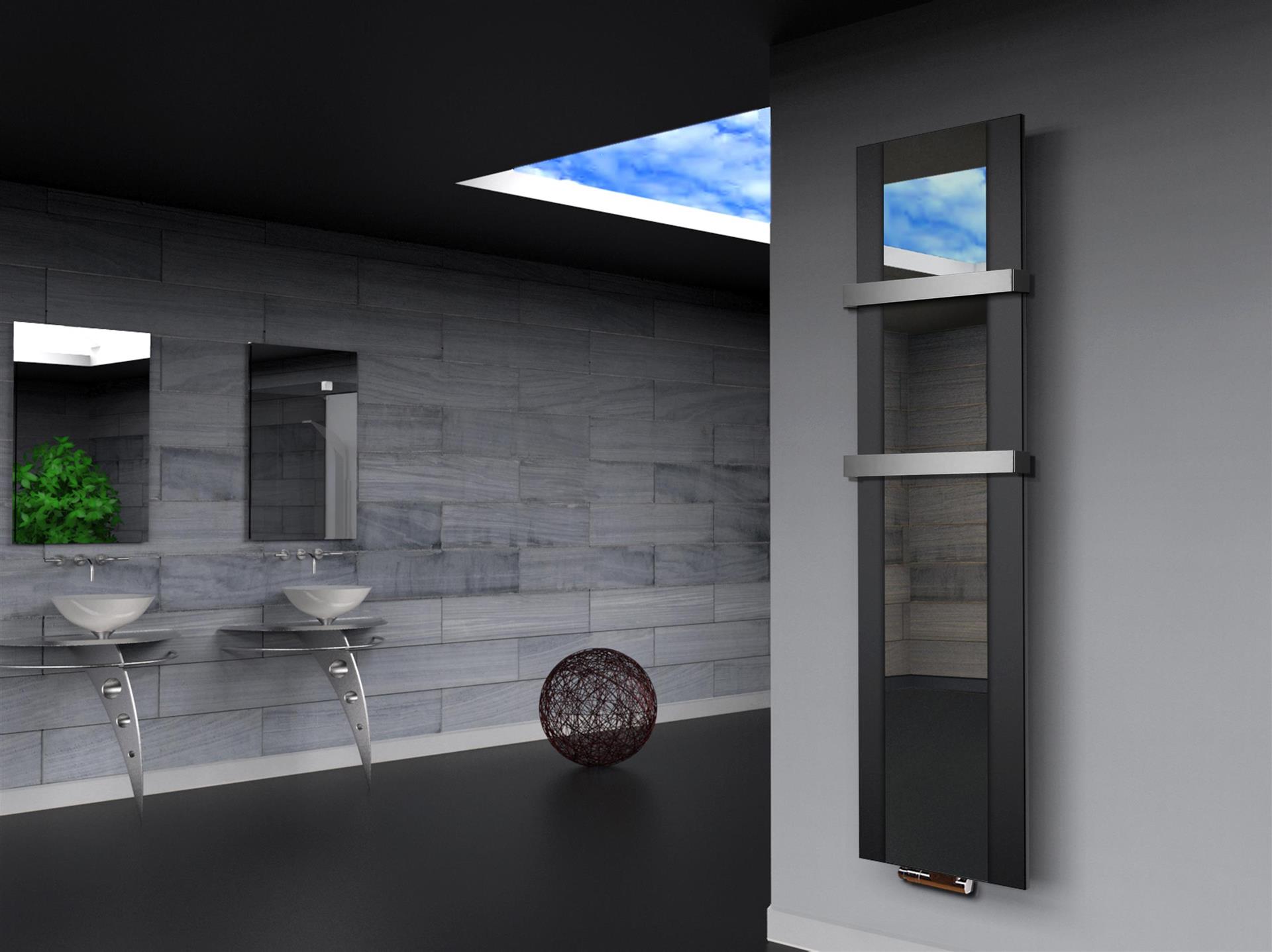 BADHEIZKÖRPER mit Spiegel Design Singapur 3 180x47cm 1118 Watt schwarz  (+2 Halter 50mm) SZAGATO Designheizkörper mit Mittelanschluss Handtuchwärmer