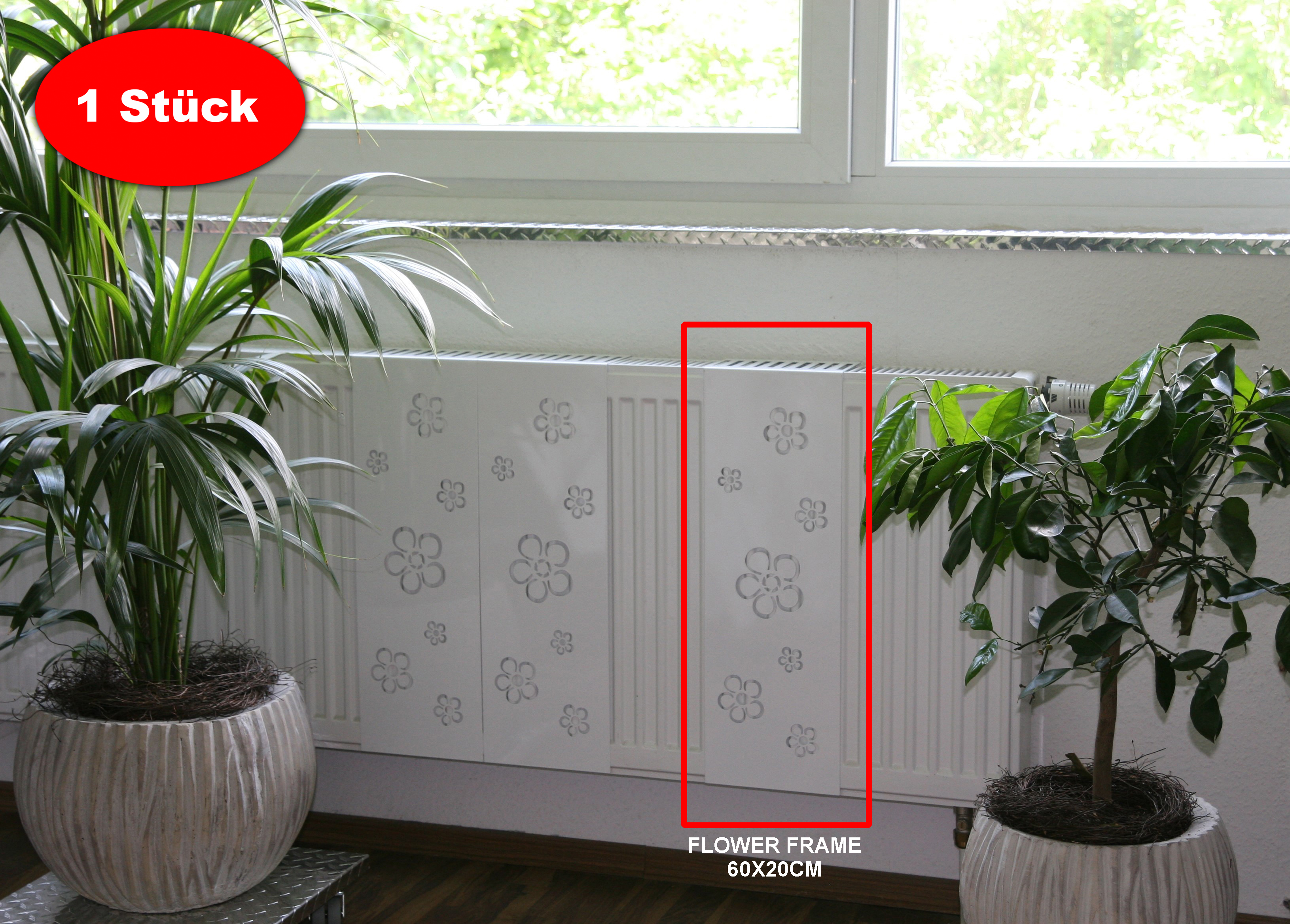Heizkörperverkleidung 60 x 20cm Flower Frame weiß (1 Stück) SZAGATO Heizungsverkleidung Verkleidung Heizkörper Abdeckung Heizkörper Heizungsabdeckung
