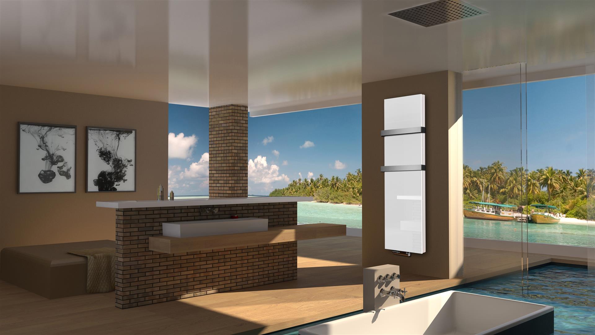 BADHEIZKÖRPER Glas Montevideo 6 Glasfront 180x47cm 1964 Watt weiß +2 Halter 50mm SZAGATO Designheizkörper Handtuchheizkörper mit Mittelanschluss