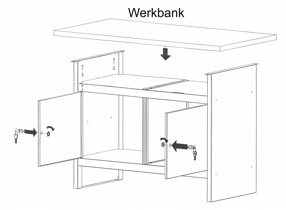 Werkbank SZAGATO mit 2 Schubladen und 2 Flügeltüren abschließbarHxBxT 84x150x60cm lichtgrau/blau Werktisch Arbeitstisch Mehrzwecktisch
