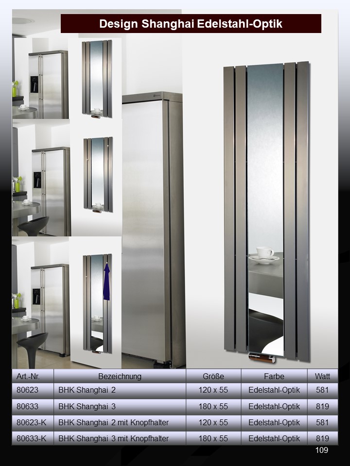 BADHEIZKÖRPER mit Spiegel Design Shanghai 2 120 x 55cm 581 Watt Edelstahloptik SZAGATO Hadntuchwärmer Handtuchheizkörper mit Mittelanschluss