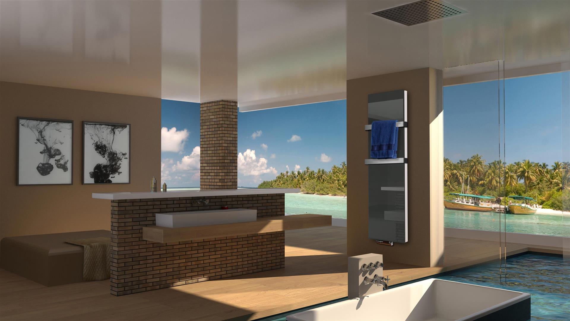 BADHEIZKÖRPER Glas Montevideo 6 Glasfront 180x47cm 1964 Watt anthrazit - moonstone +2 Halter 50mm SZAGATO Designheizkörper mit Mittelanschluss