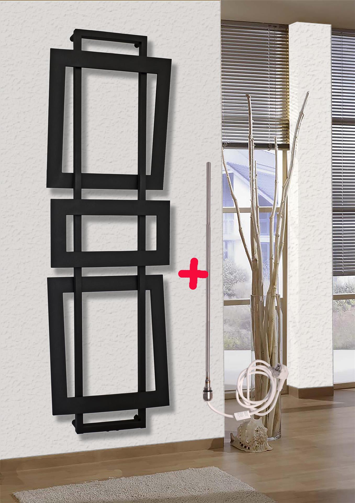 BADHEIZKÖRPER Design ART I 180x60cm 1019 Watt schwarz + Heizstab 900 Watt SZAGATO Designheizkörper Handtuchheizkörper Mittelanschluss Handtuchwärmer