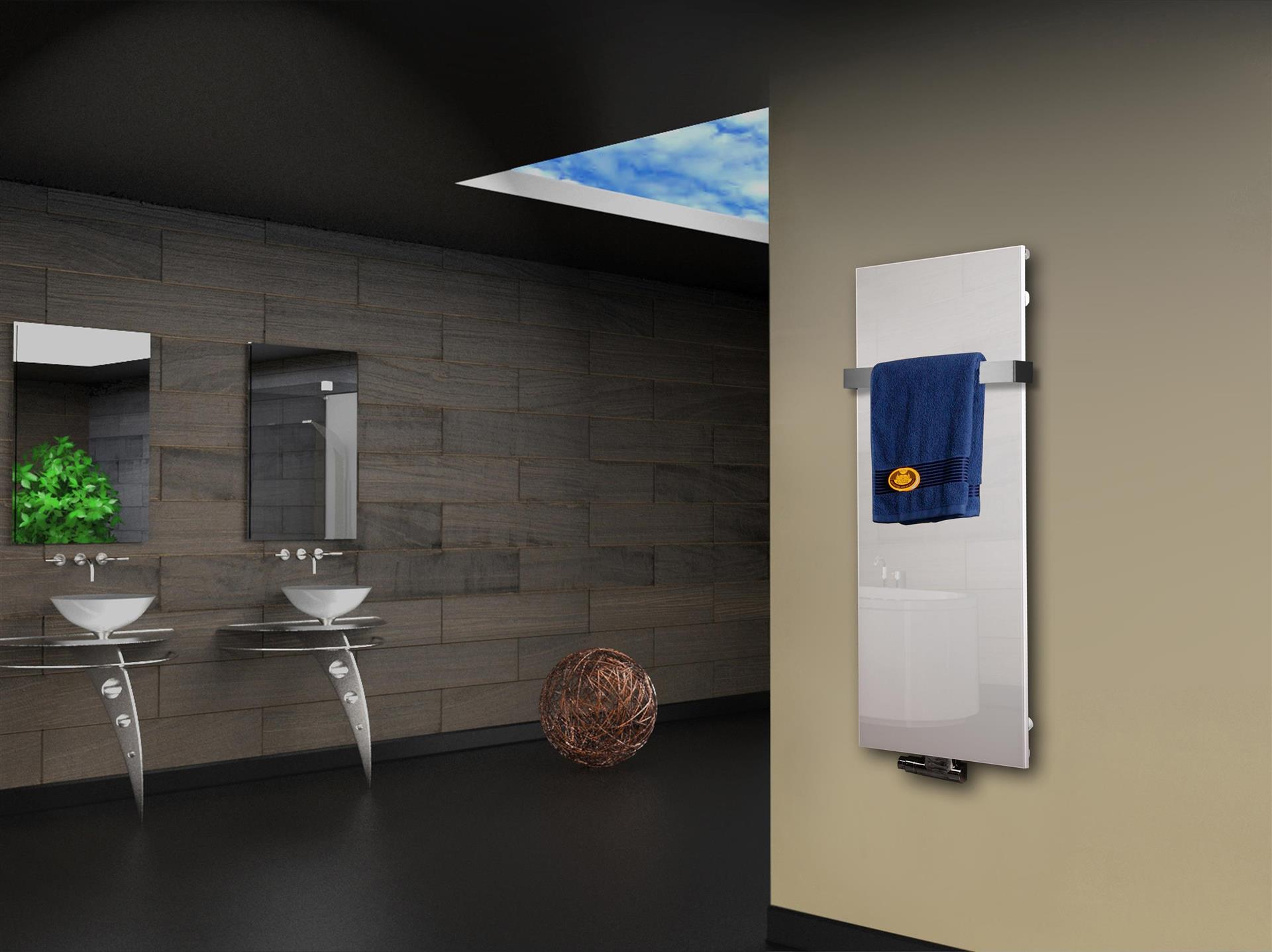 Badheizkörper mit Glas Design Montevideo 2 (Glasfront) 120x47cm 799Watt weiß (+1 Halter 50mm) SZAGATO Designheizkörper Mittelanschluss Handtuchwärmer