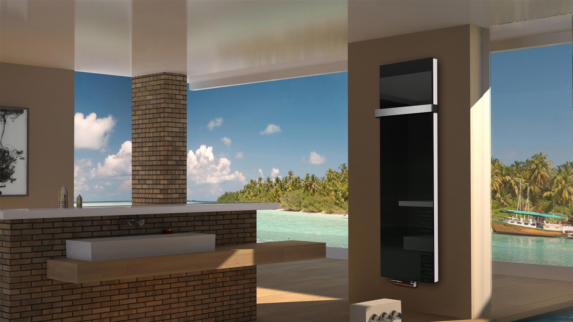 BADHEIZKÖRPER Glas Montevideo 6 Glasfront 180x47cm 1964 Watt schwarz +1 Halter 50mm SZAGATO Designheizkörper Handtuchheizkörper mit Mittelanschluss